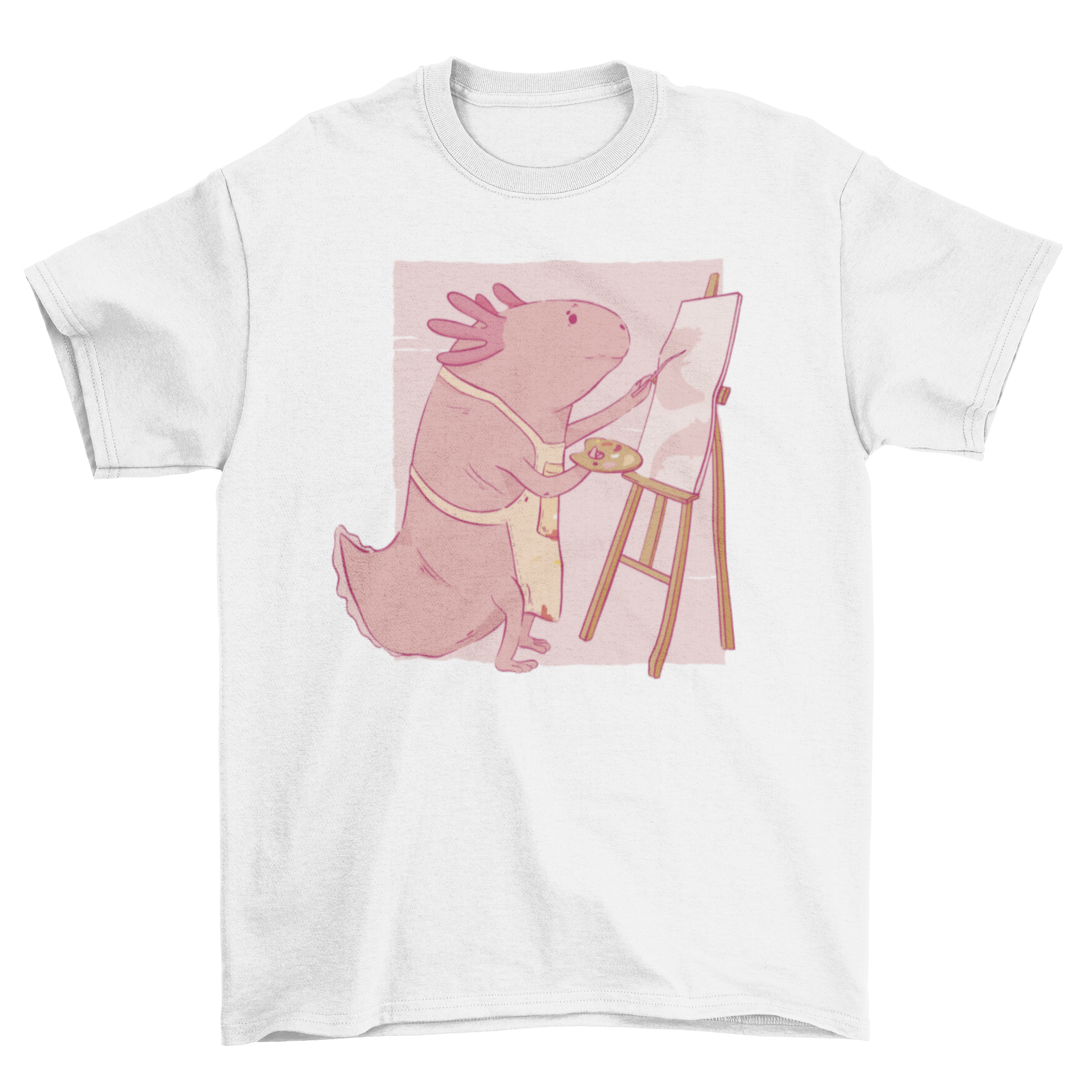 A stylish t-shirt featuring a vibrant axolotl painting, showcasing the unique design and artistic flair.