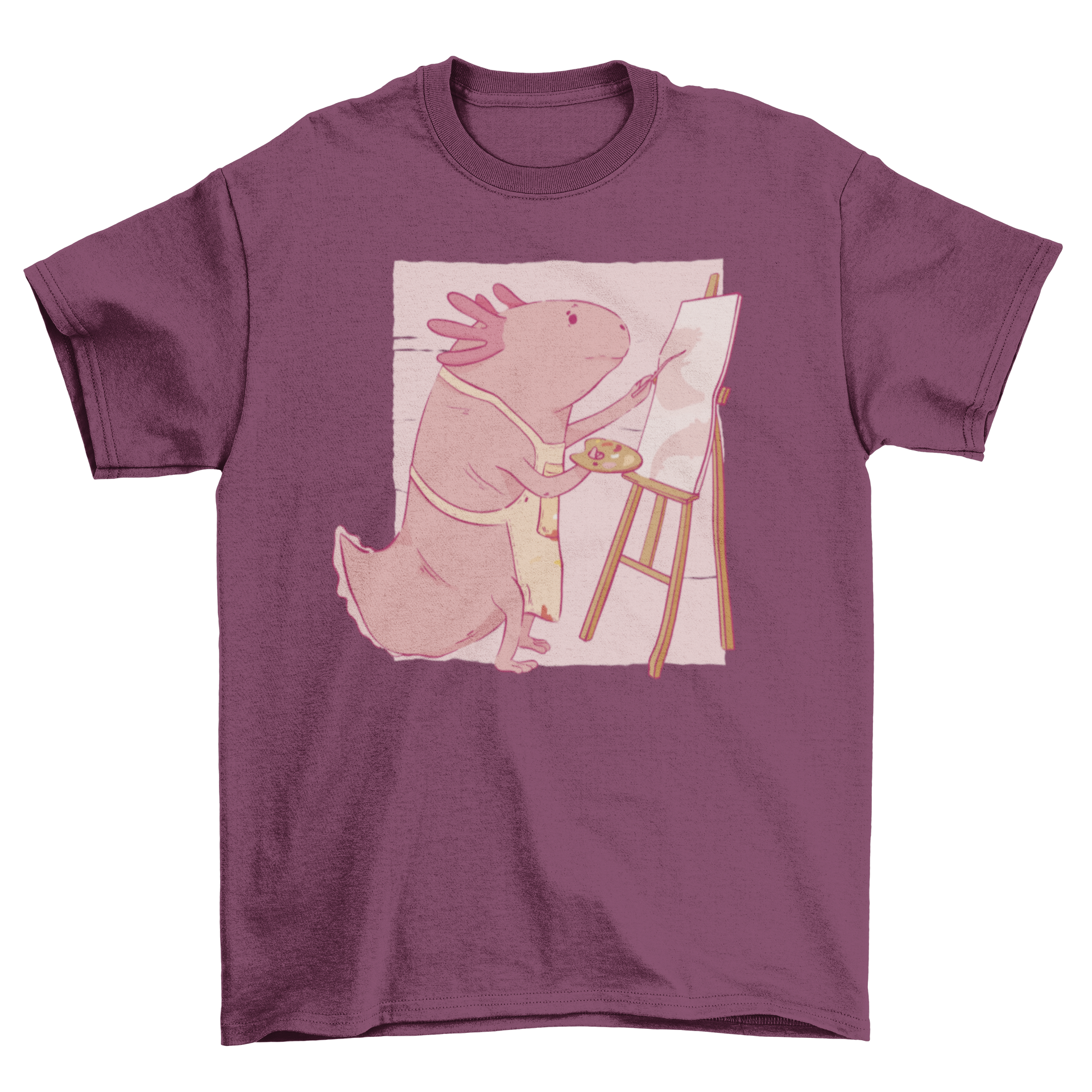 A stylish t-shirt featuring a vibrant axolotl painting, showcasing the unique design and artistic flair.