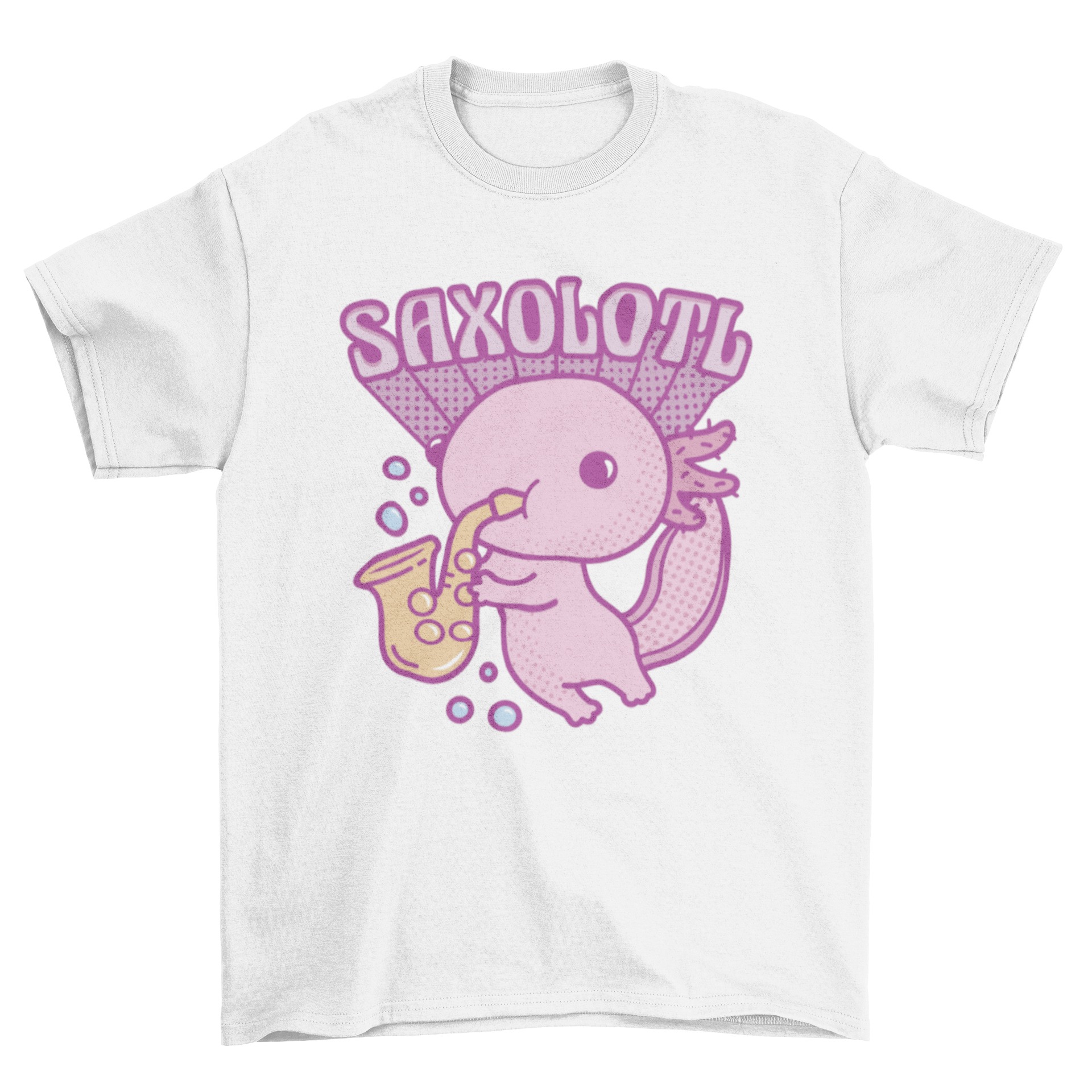 A cute t-shirt featuring an axolotl playing a saxophone with the quote 'Saxolotl', showcasing a vibrant and playful design.