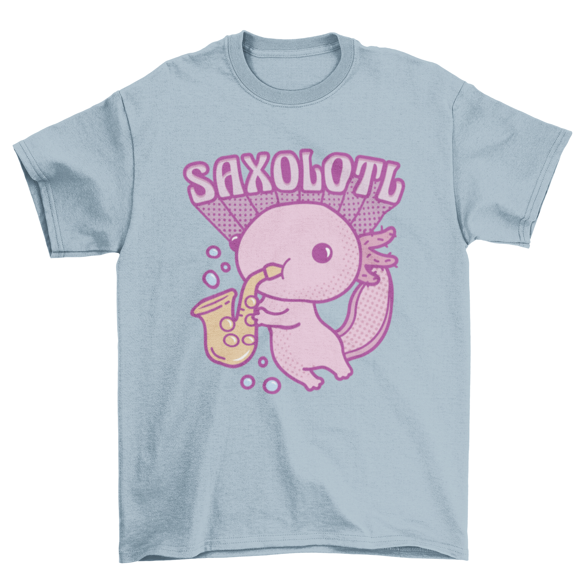 A cute t-shirt featuring an axolotl playing a saxophone with the quote 'Saxolotl', showcasing a vibrant and playful design.