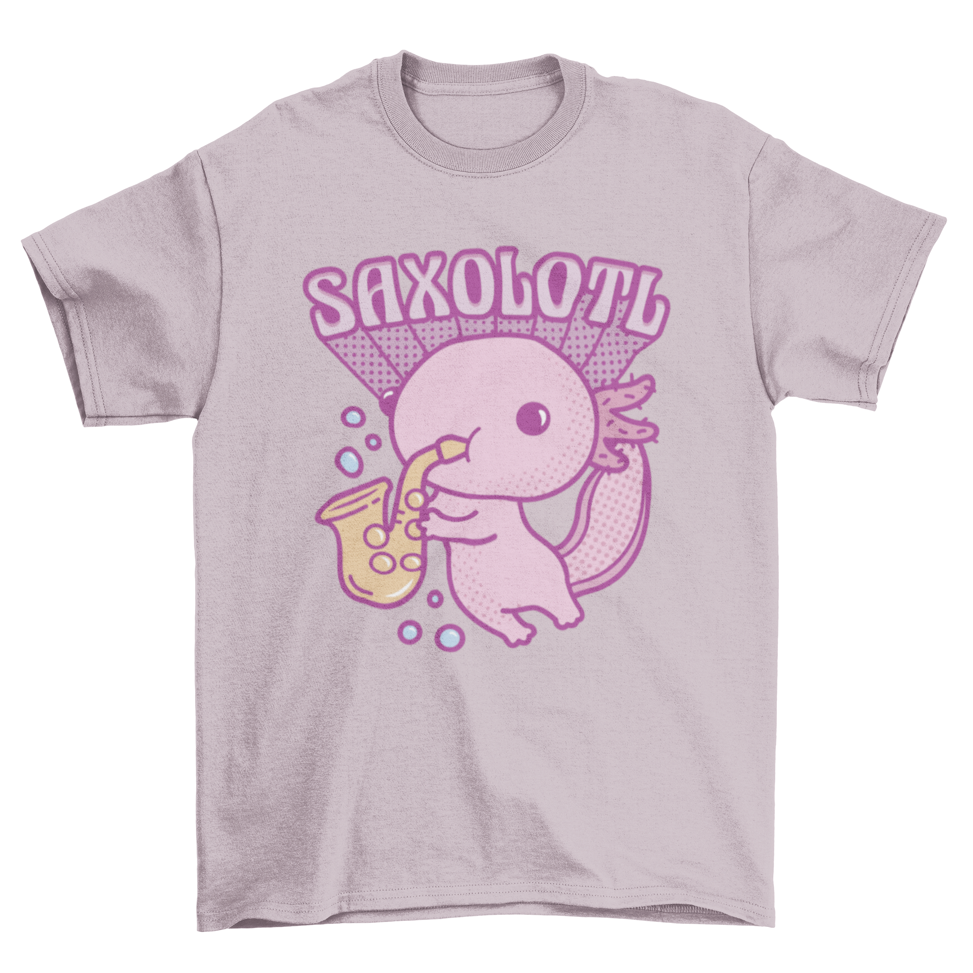 A cute t-shirt featuring an axolotl playing a saxophone with the quote 'Saxolotl', showcasing a vibrant and playful design.