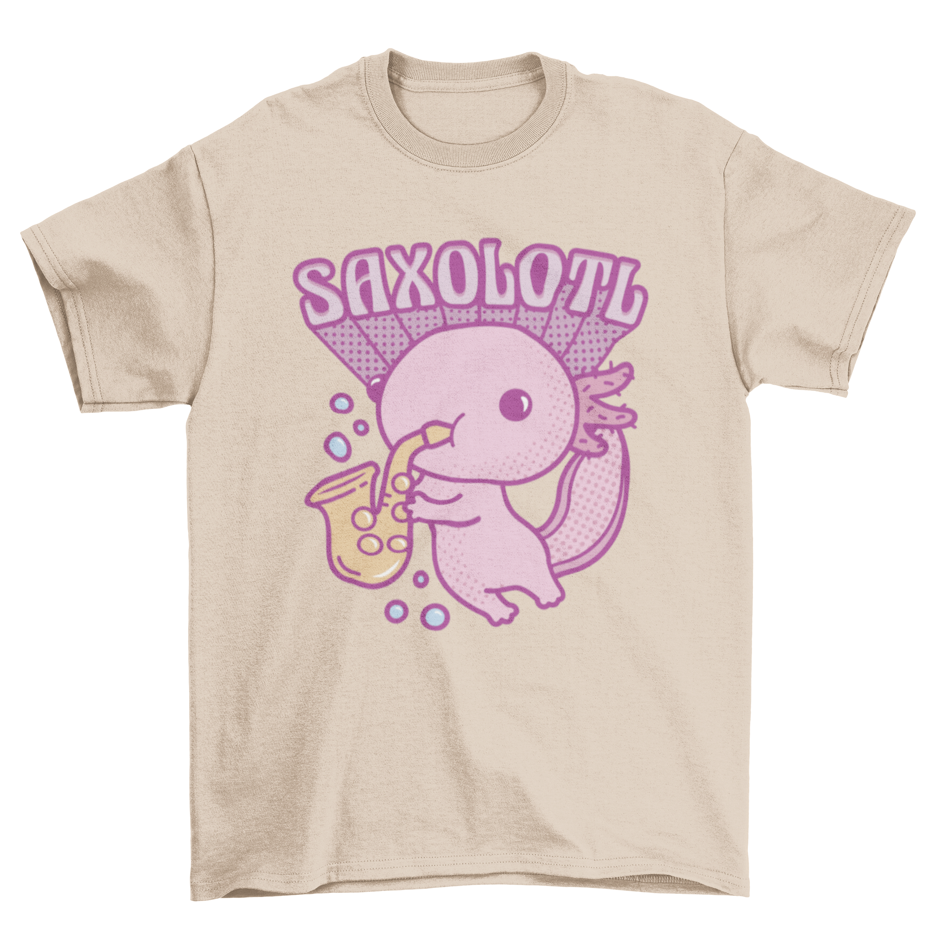 A cute t-shirt featuring an axolotl playing a saxophone with the quote 'Saxolotl', showcasing a vibrant and playful design.