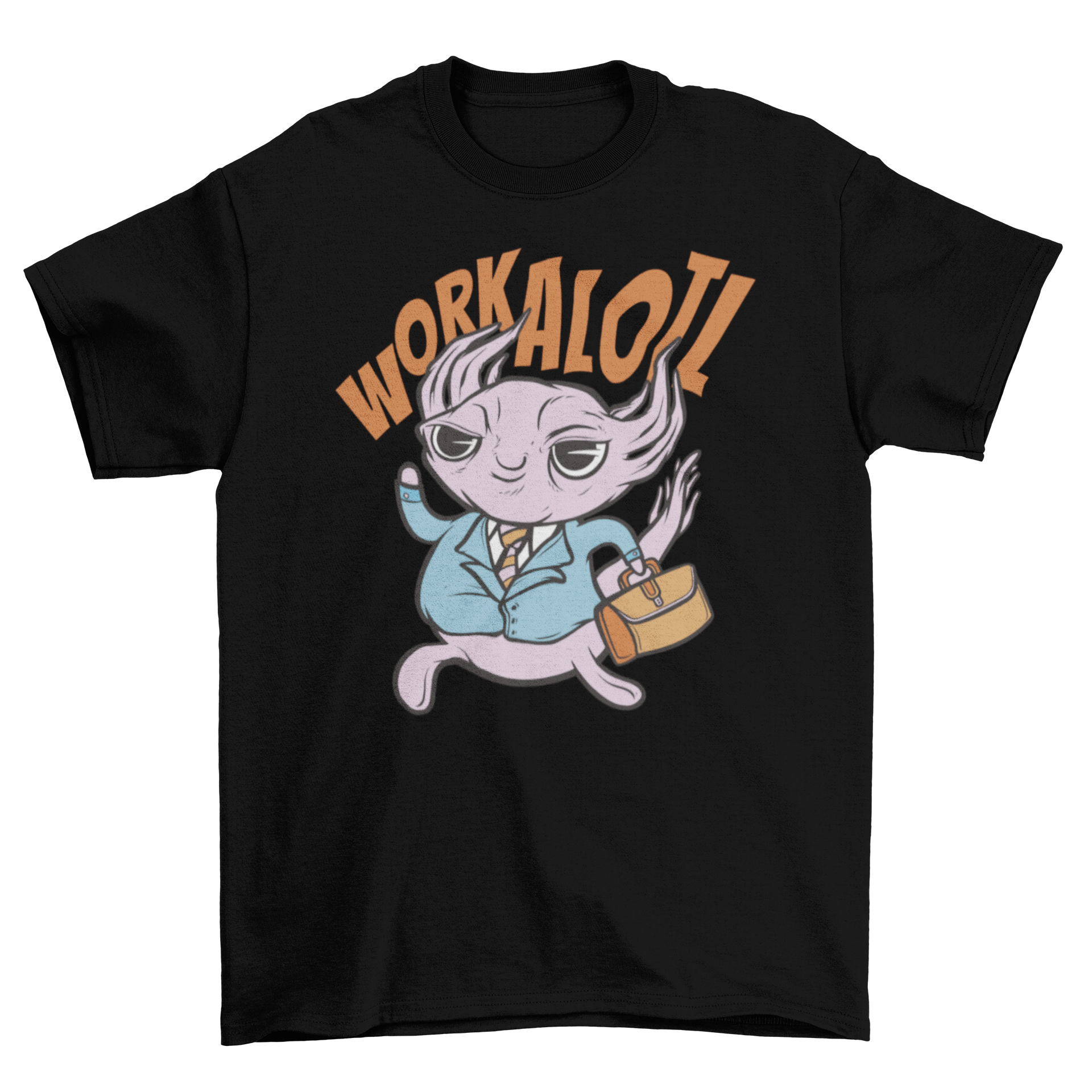 A stylish t-shirt featuring a cartoon axolotl in a suit and briefcase, perfect for animal lovers.