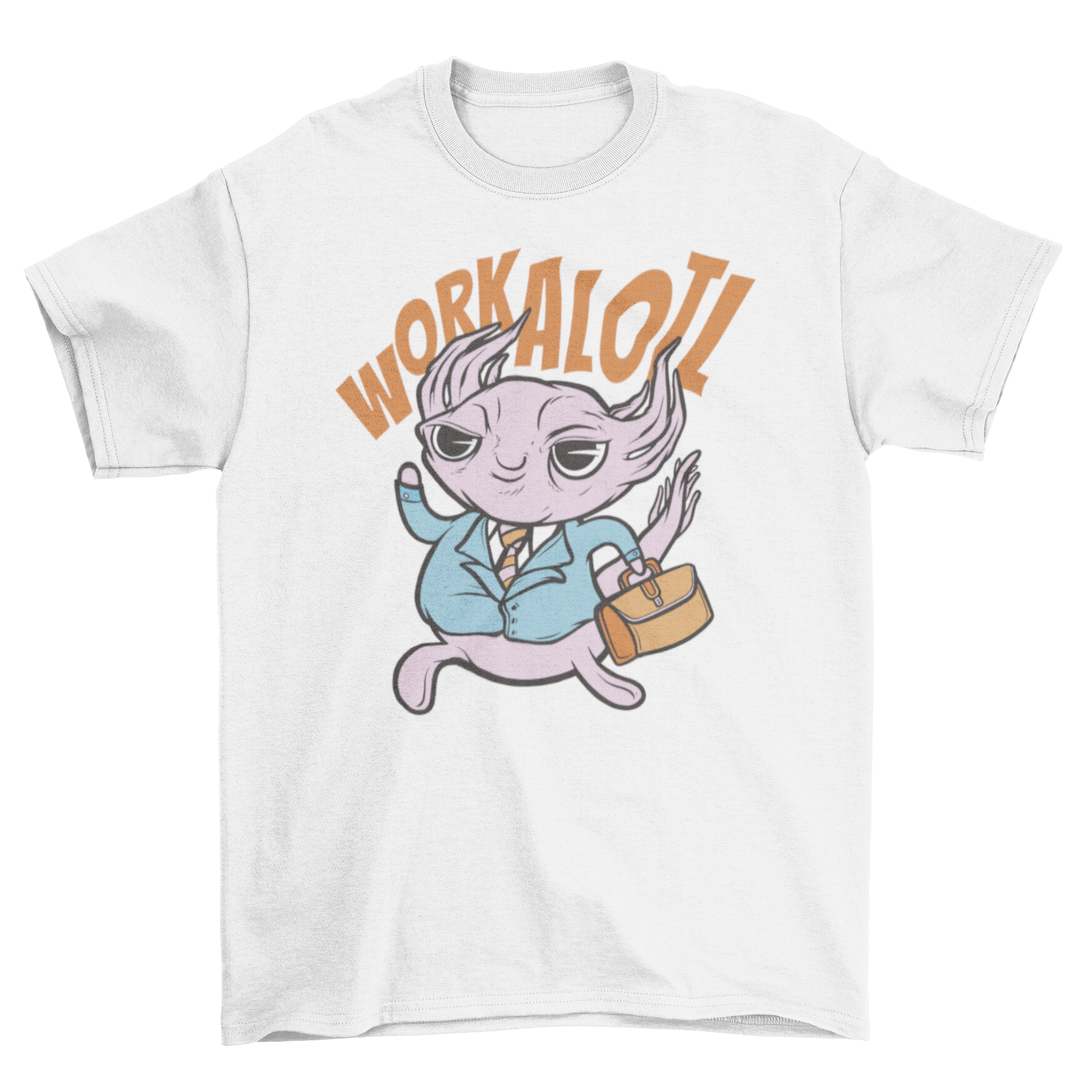 A stylish t-shirt featuring a cartoon axolotl in a suit and briefcase, perfect for animal lovers.