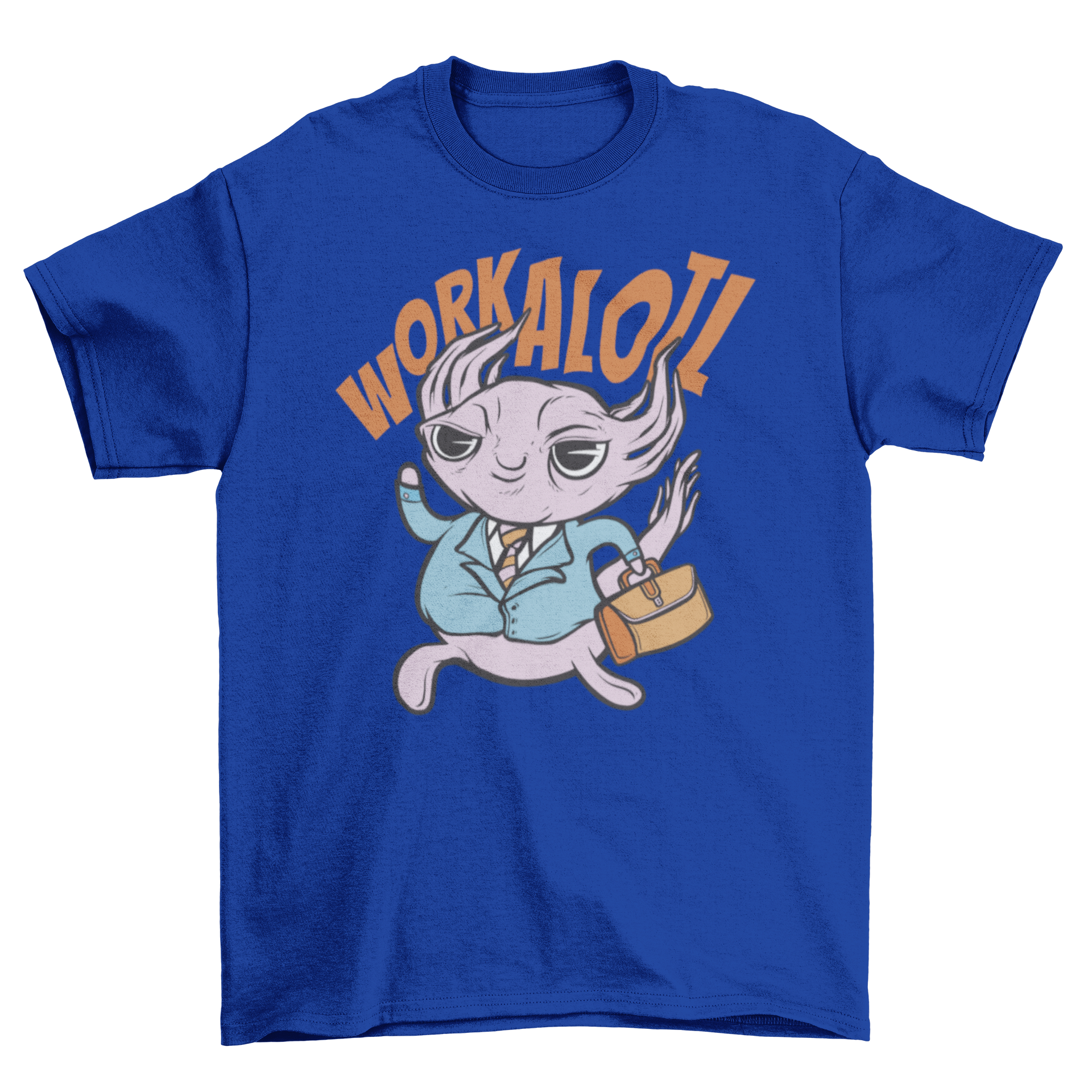 A stylish t-shirt featuring a cartoon axolotl in a suit and briefcase, perfect for animal lovers.