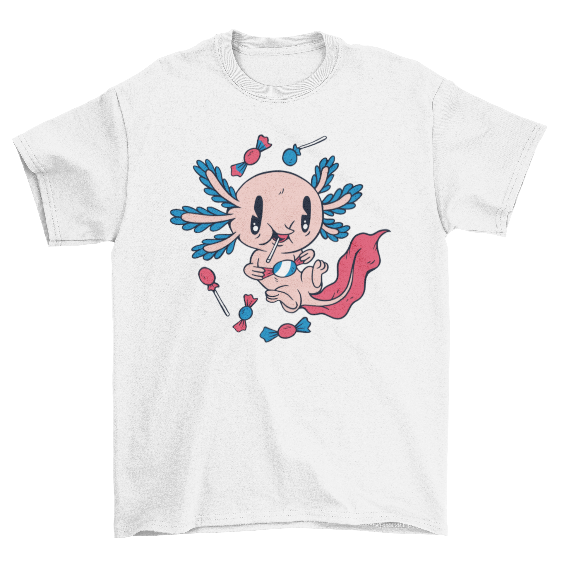 A cute cartoon t-shirt featuring an axolotl happily eating colorful candy, showcasing a playful design.