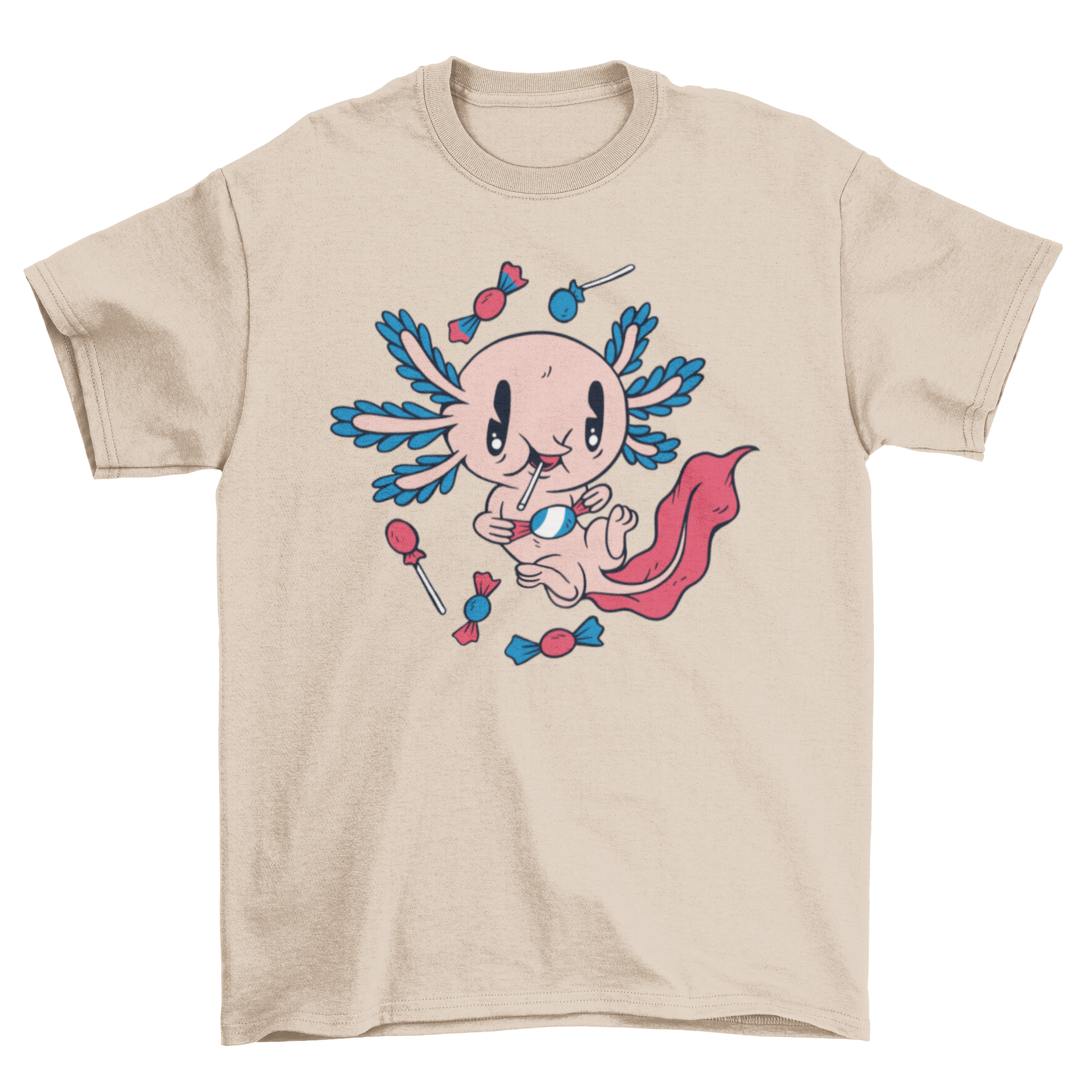 A cute cartoon t-shirt featuring an axolotl happily eating colorful candy, showcasing a playful design.