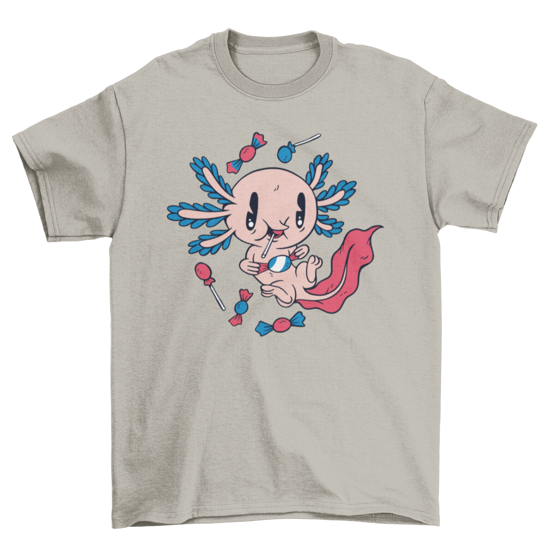 A cute cartoon t-shirt featuring an axolotl happily eating colorful candy, showcasing a playful design.