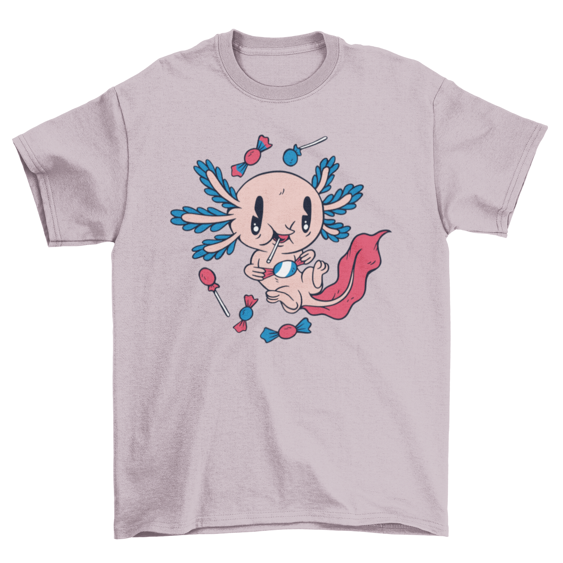 A cute cartoon t-shirt featuring an axolotl happily eating colorful candy, showcasing a playful design.