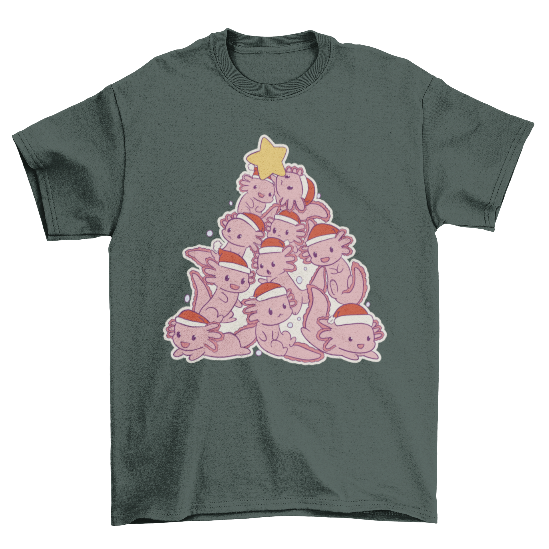 A cute t-shirt featuring a Christmas tree design made of colorful axolotls, perfect for holiday celebrations.