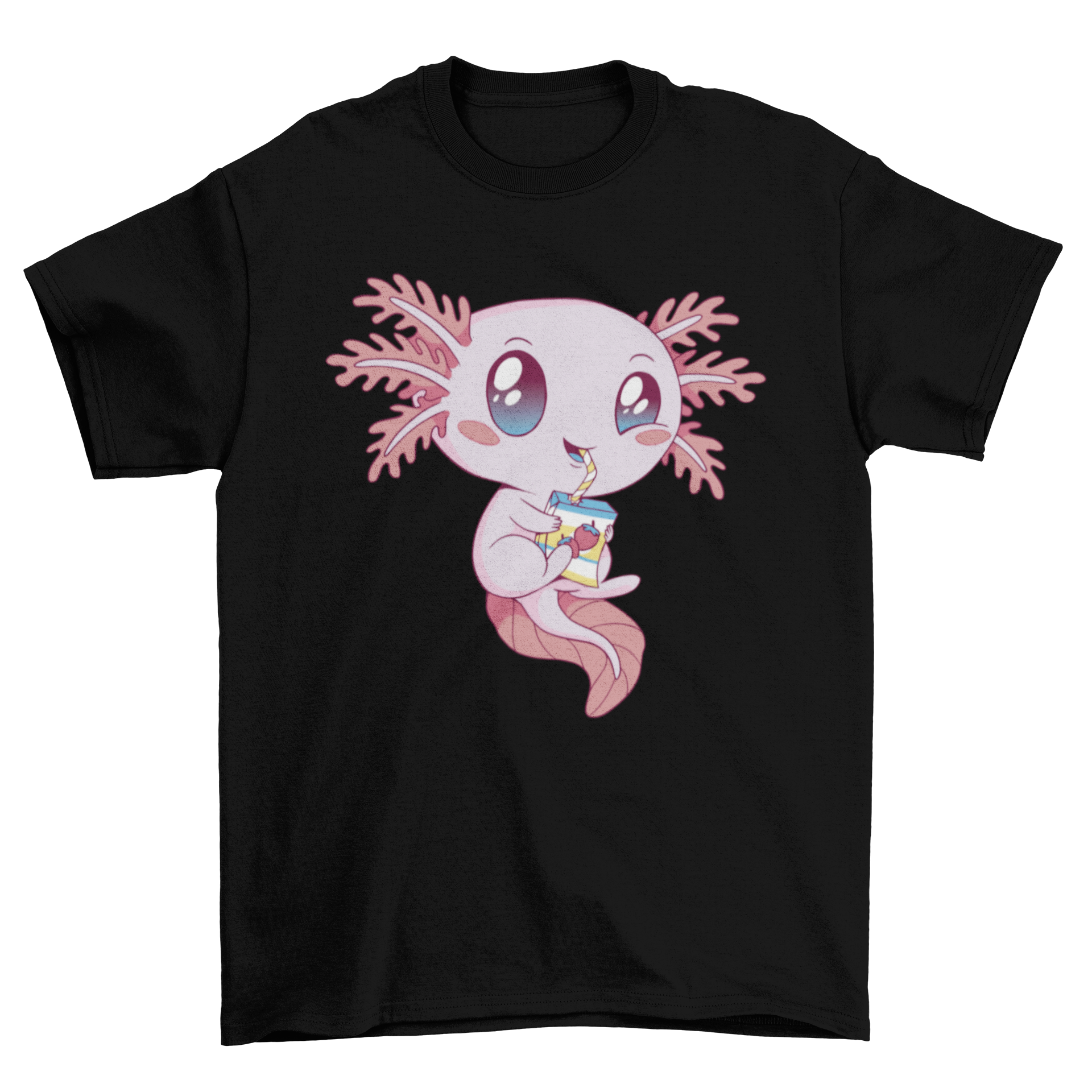 A colorful t-shirt design featuring an axolotl happily drinking strawberry milk, showcasing a playful and whimsical style.