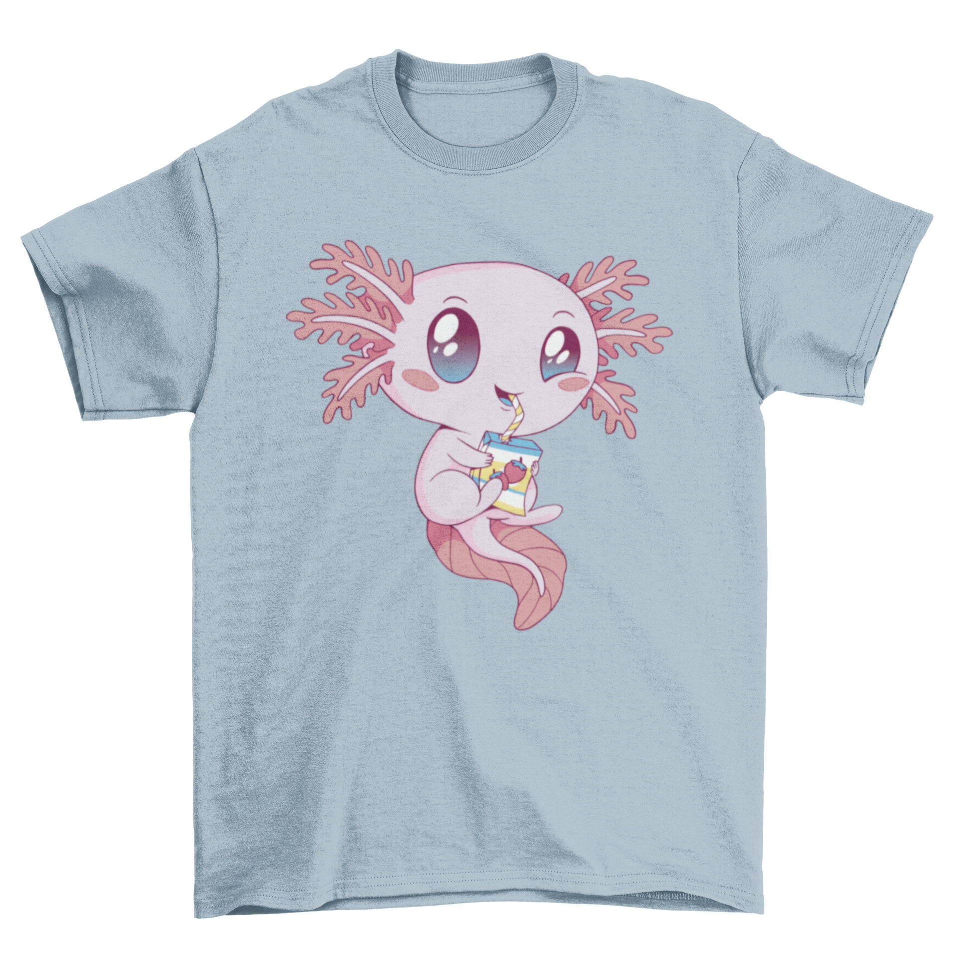 A colorful t-shirt design featuring an axolotl happily drinking strawberry milk, showcasing a playful and whimsical style.