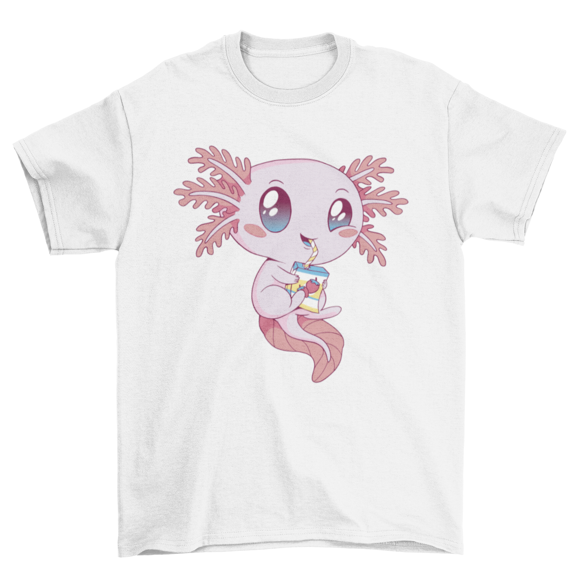 A colorful t-shirt design featuring an axolotl happily drinking strawberry milk, showcasing a playful and whimsical style.