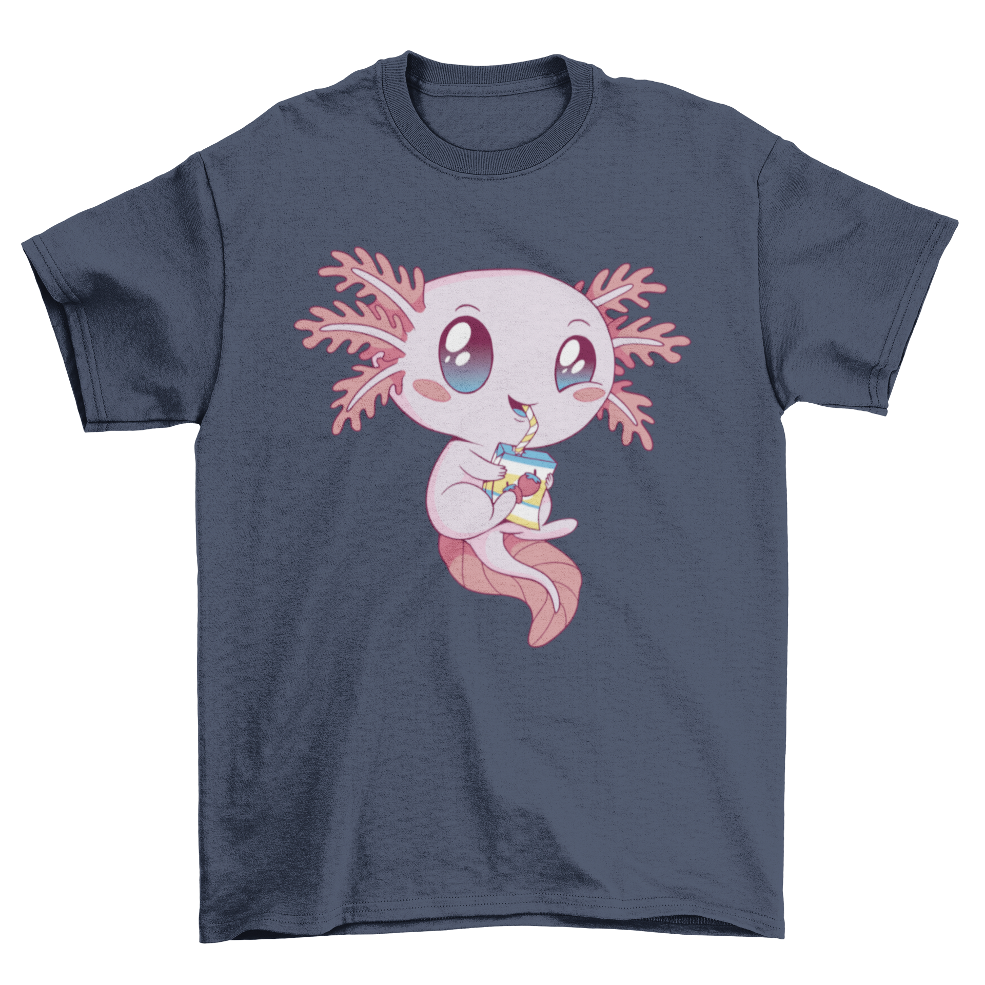 A colorful t-shirt design featuring an axolotl happily drinking strawberry milk, showcasing a playful and whimsical style.