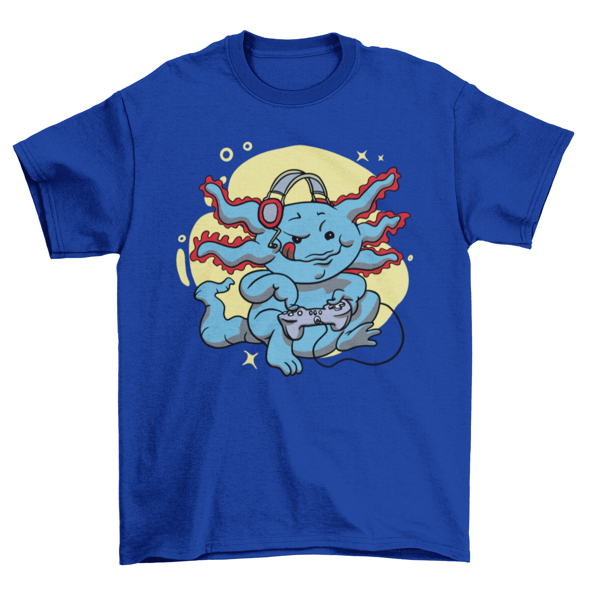 A colorful cartoon-style t-shirt featuring a gaming axolotl holding a joystick, perfect for gamers.