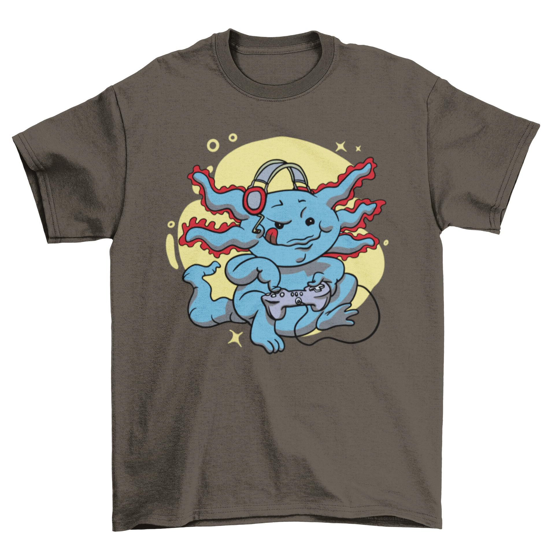 A colorful cartoon-style t-shirt featuring a gaming axolotl holding a joystick, perfect for gamers.