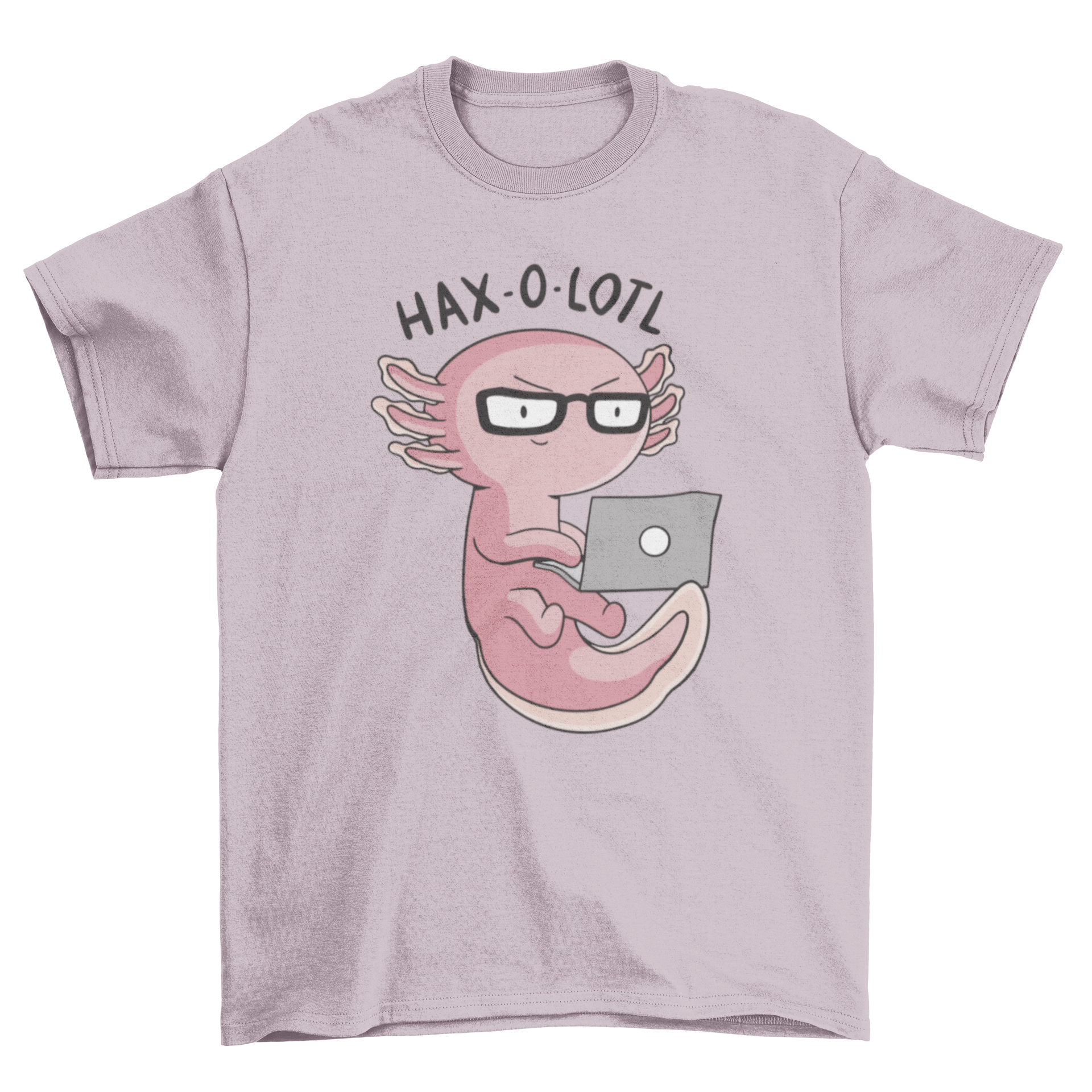 A cute axolotl wearing glasses and using a laptop, with the quote 'Haxolotl' on a stylish t-shirt.