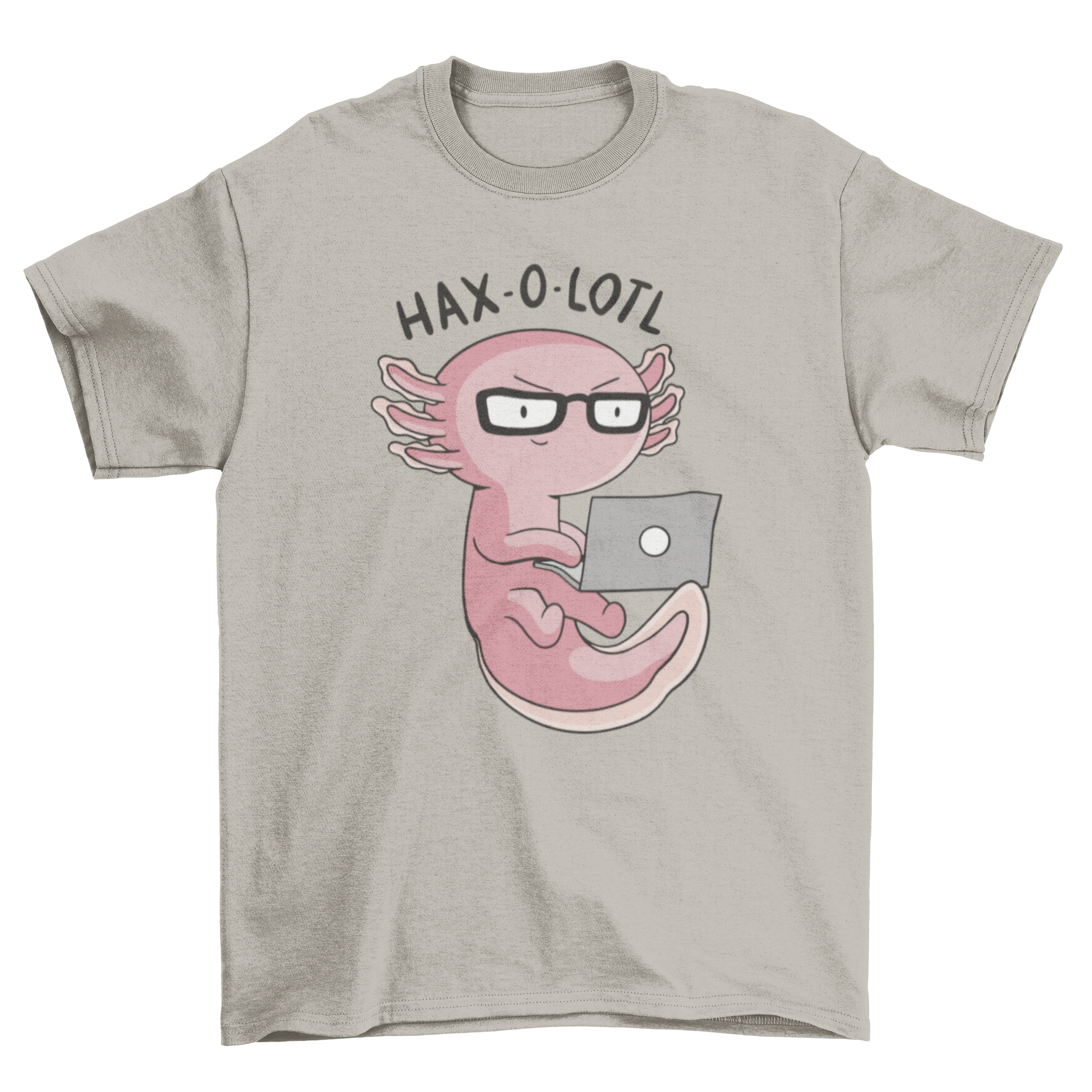 A cute axolotl wearing glasses and using a laptop, with the quote 'Haxolotl' on a stylish t-shirt.