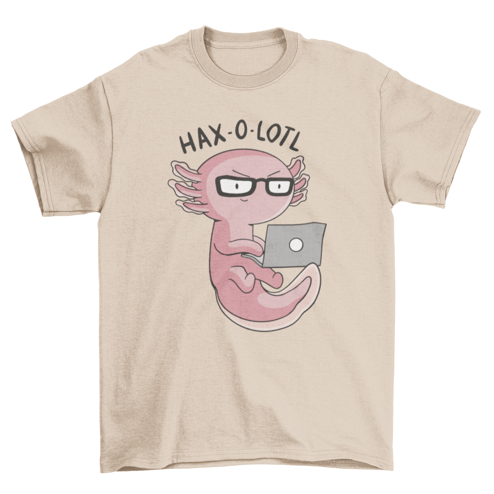 A cute axolotl wearing glasses and using a laptop, with the quote 'Haxolotl' on a stylish t-shirt.