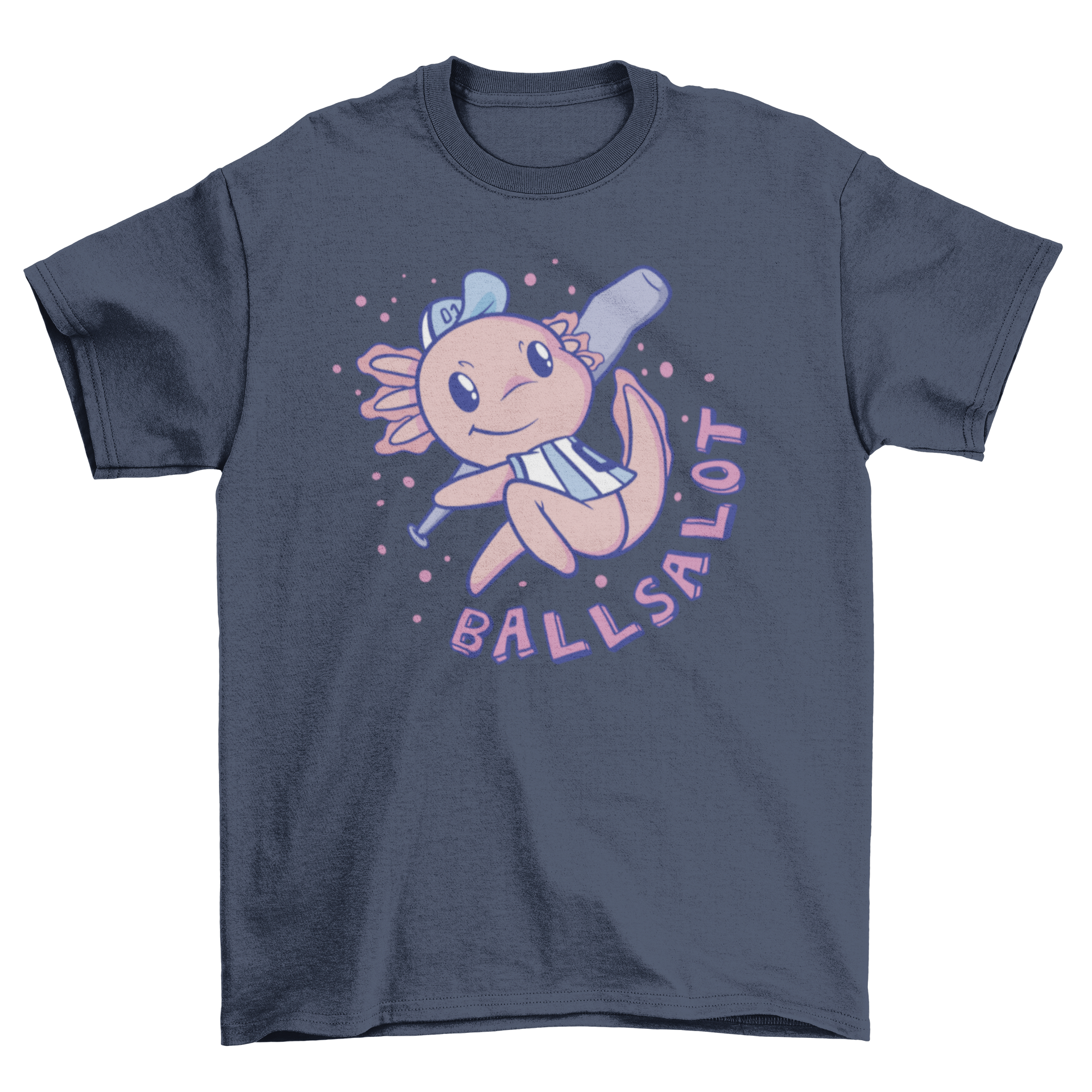 A playful t-shirt featuring an axolotl in a baseball uniform holding a bat with the quote 'Ballsalotl'.