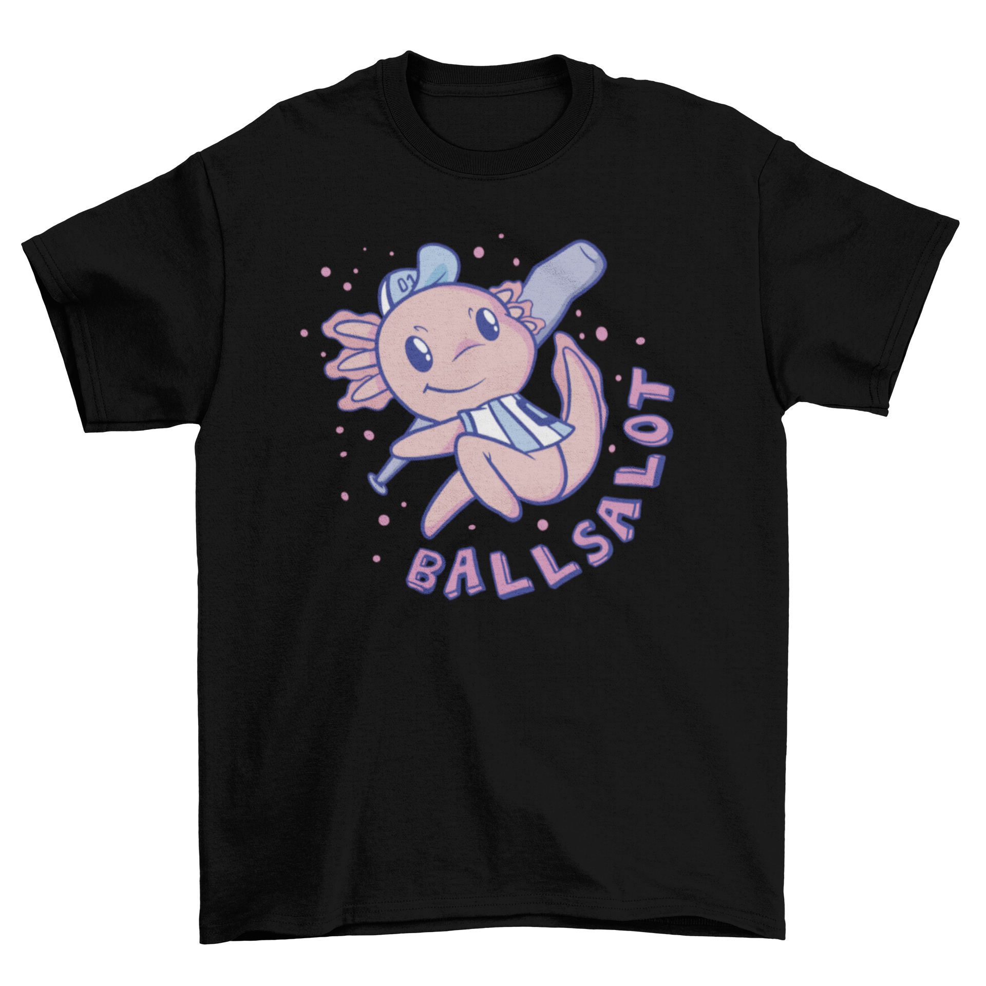 A playful t-shirt featuring an axolotl in a baseball uniform holding a bat with the quote 'Ballsalotl'.