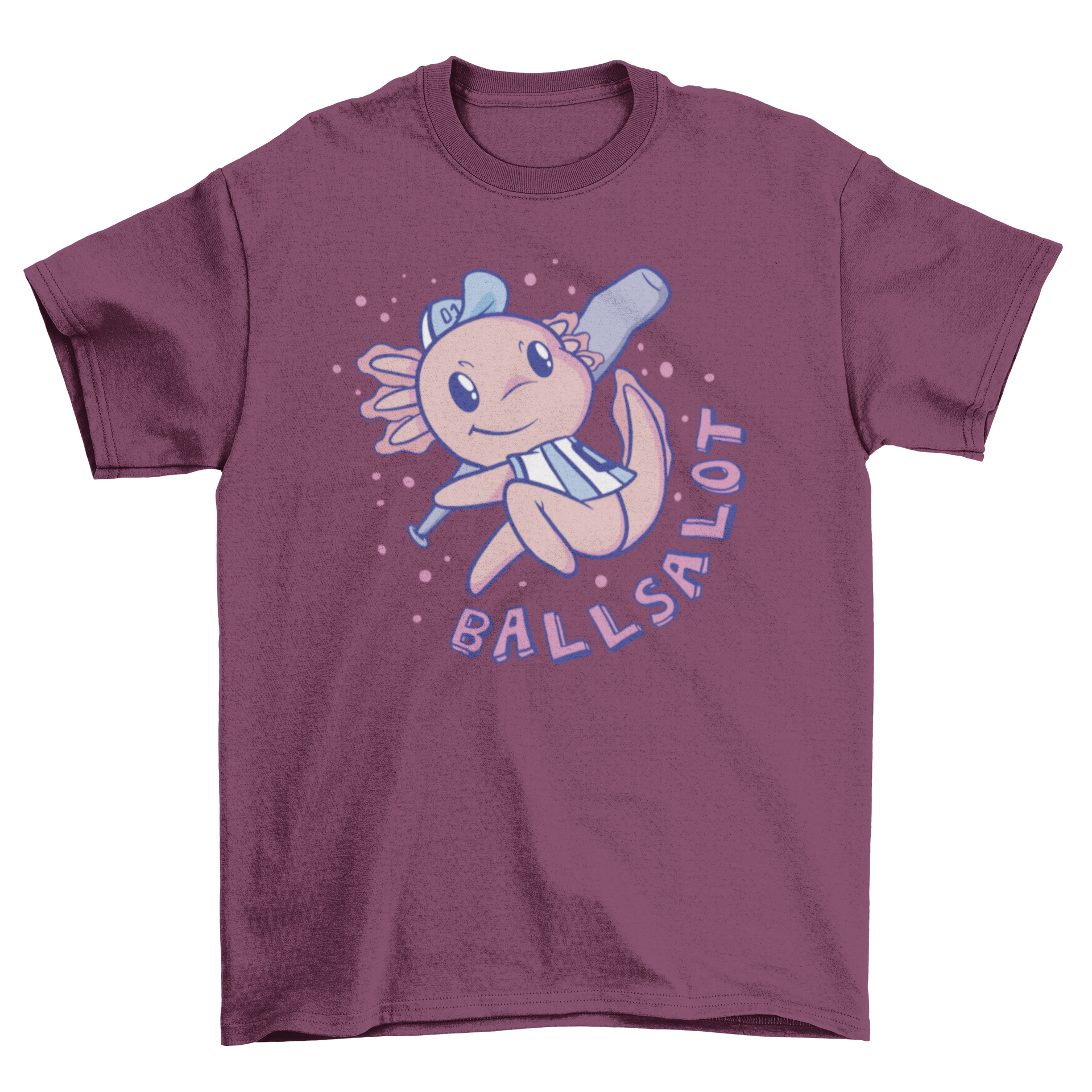 A playful t-shirt featuring an axolotl in a baseball uniform holding a bat with the quote 'Ballsalotl'.