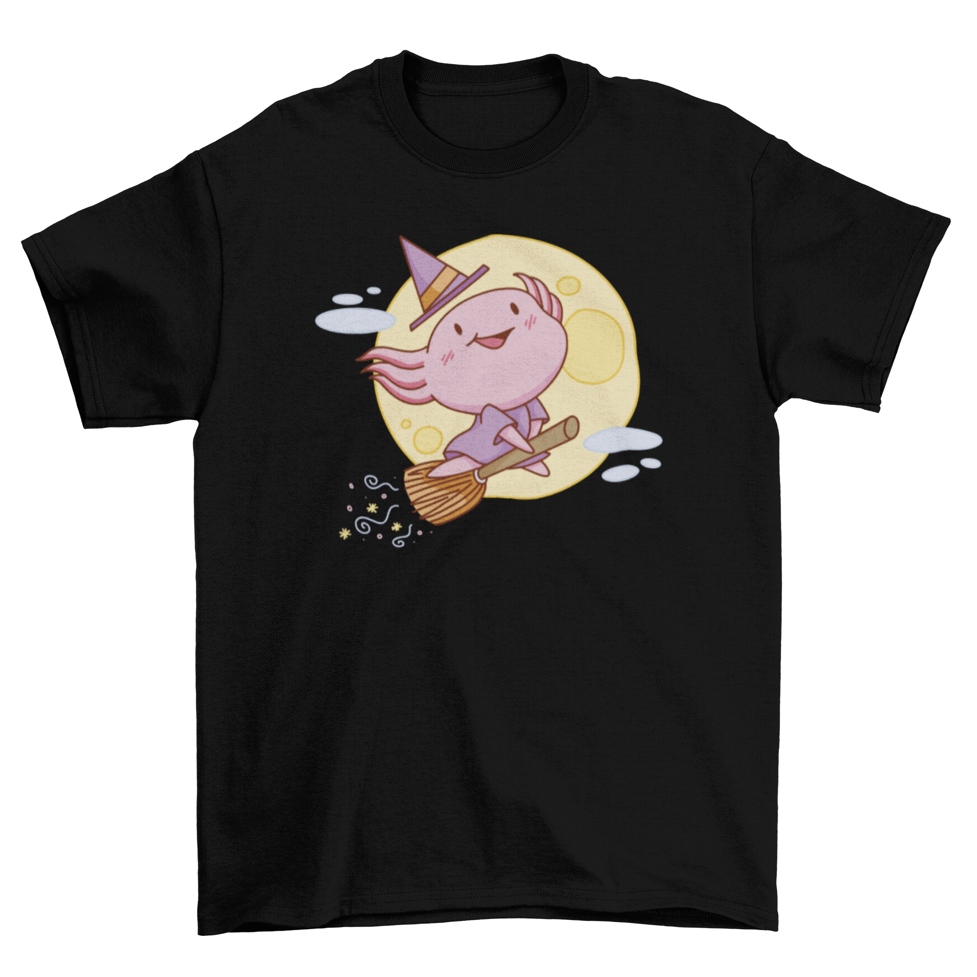 Cute pink witch axolotl flying on a broomstick, perfect for Halloween t-shirt design.