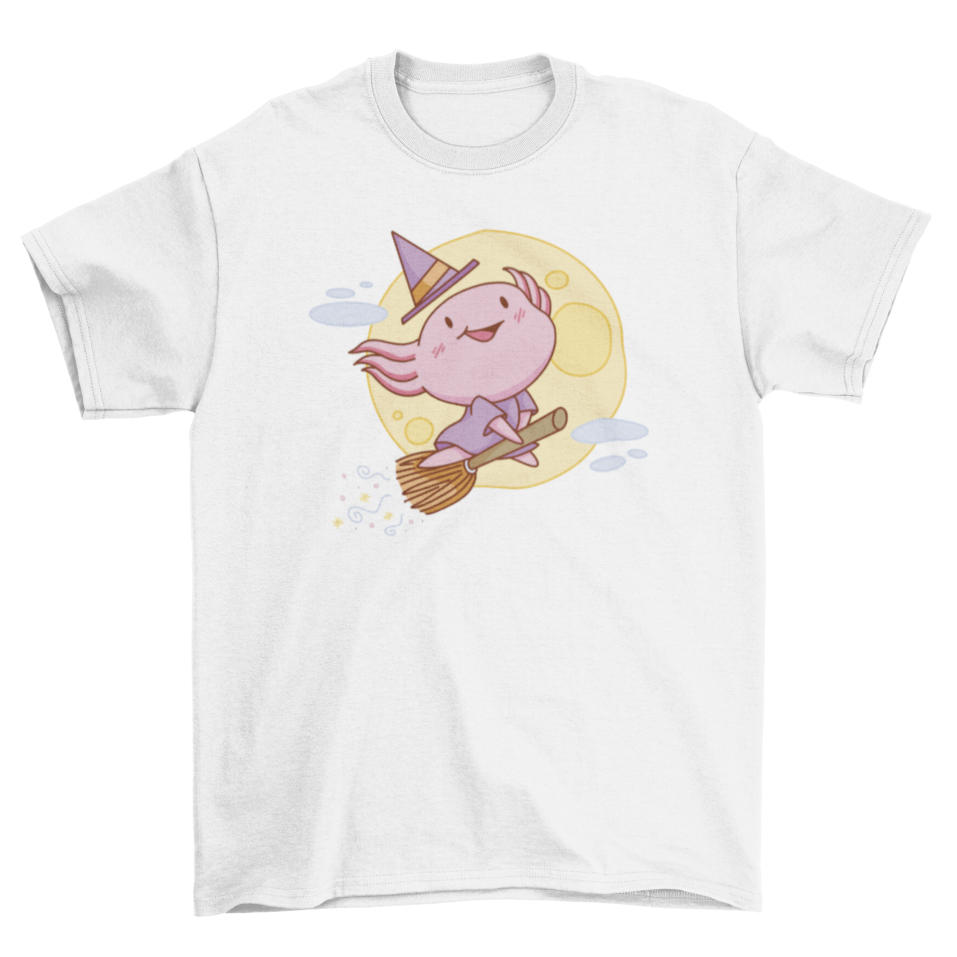 Cute pink witch axolotl flying on a broomstick, perfect for Halloween t-shirt design.