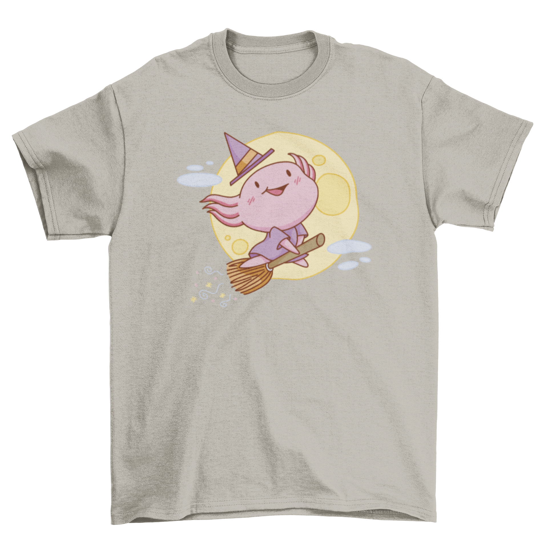 Cute pink witch axolotl flying on a broomstick, perfect for Halloween t-shirt design.