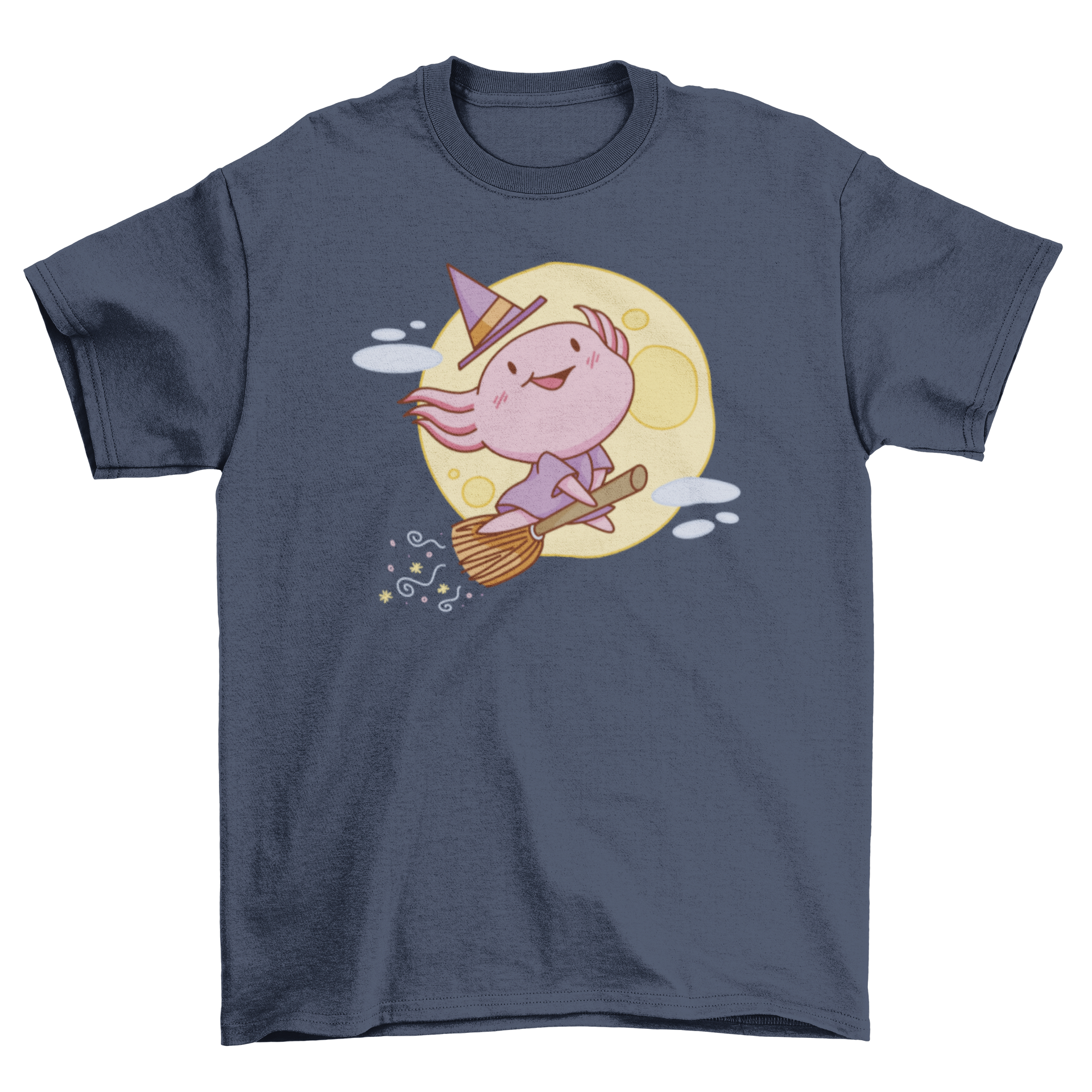 Cute pink witch axolotl flying on a broomstick, perfect for Halloween t-shirt design.