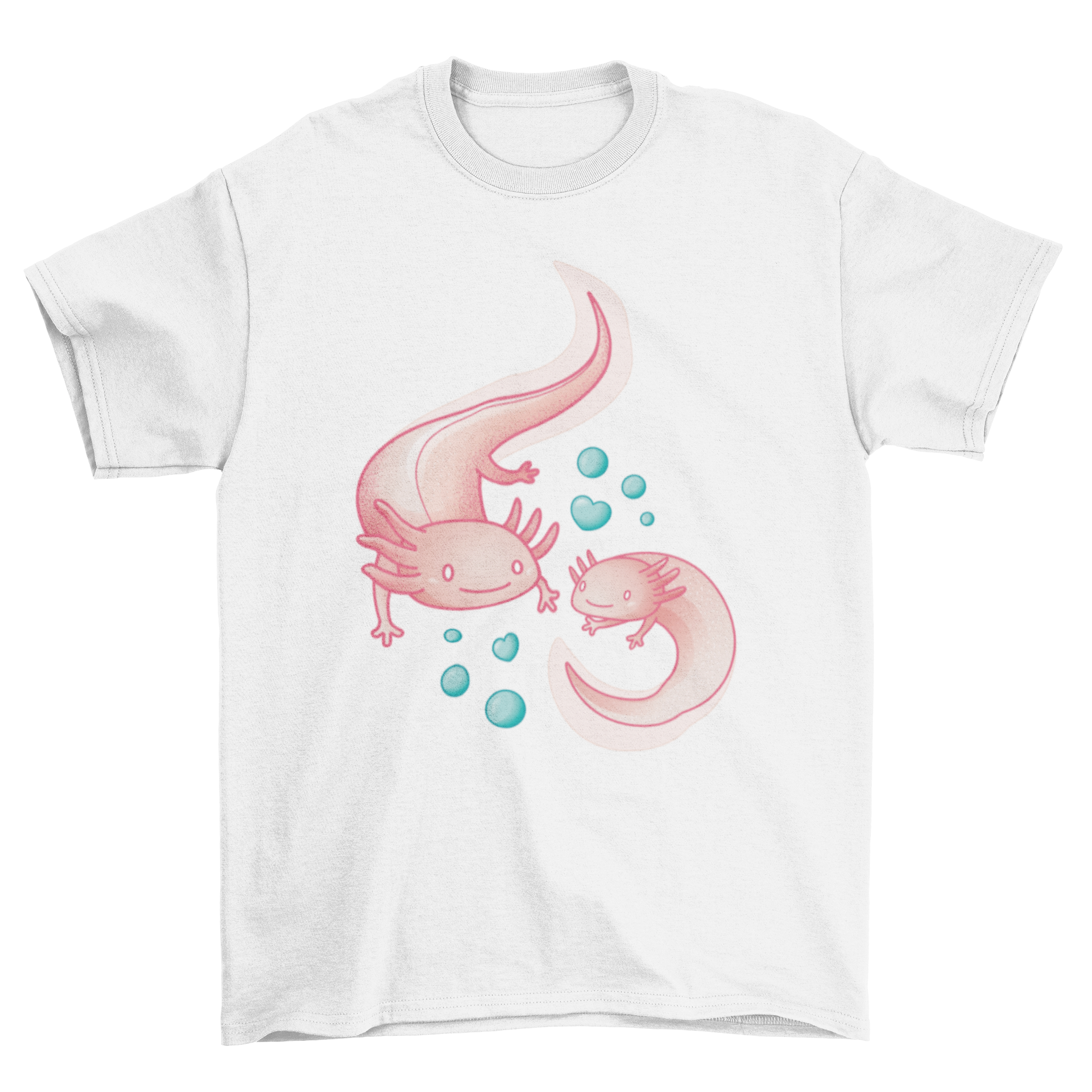 A stylish t-shirt featuring two cute axolotls surrounded by bubbles, perfect for casual wear.