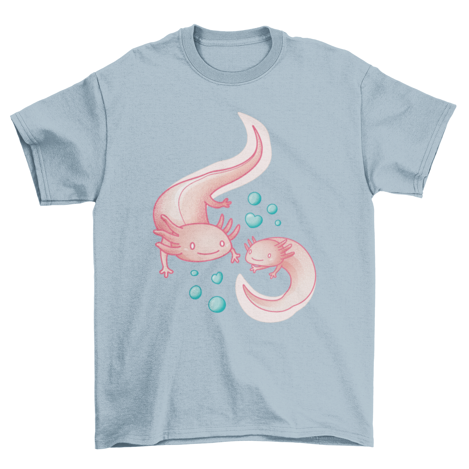 A stylish t-shirt featuring two cute axolotls surrounded by bubbles, perfect for casual wear.