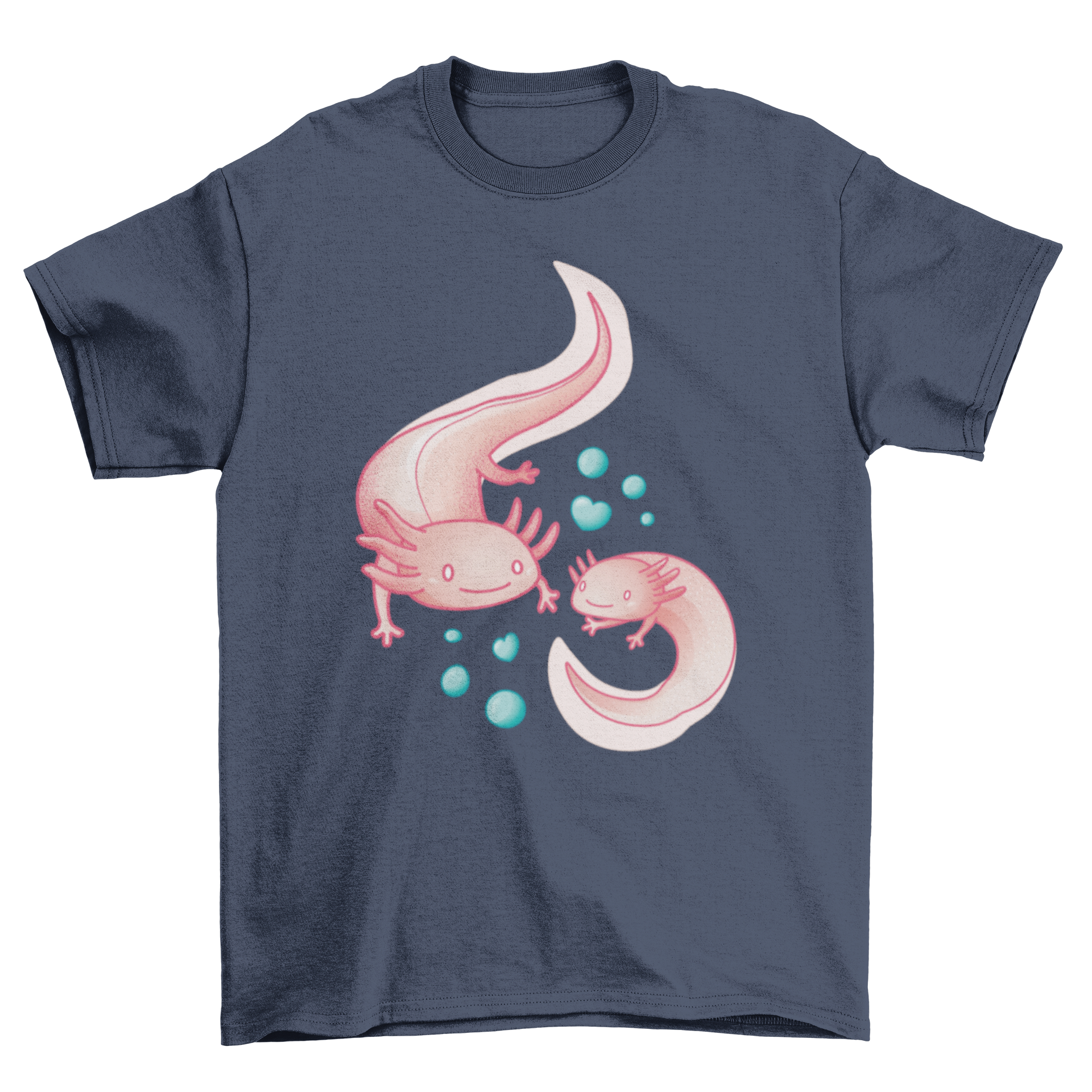 A stylish t-shirt featuring two cute axolotls surrounded by bubbles, perfect for casual wear.