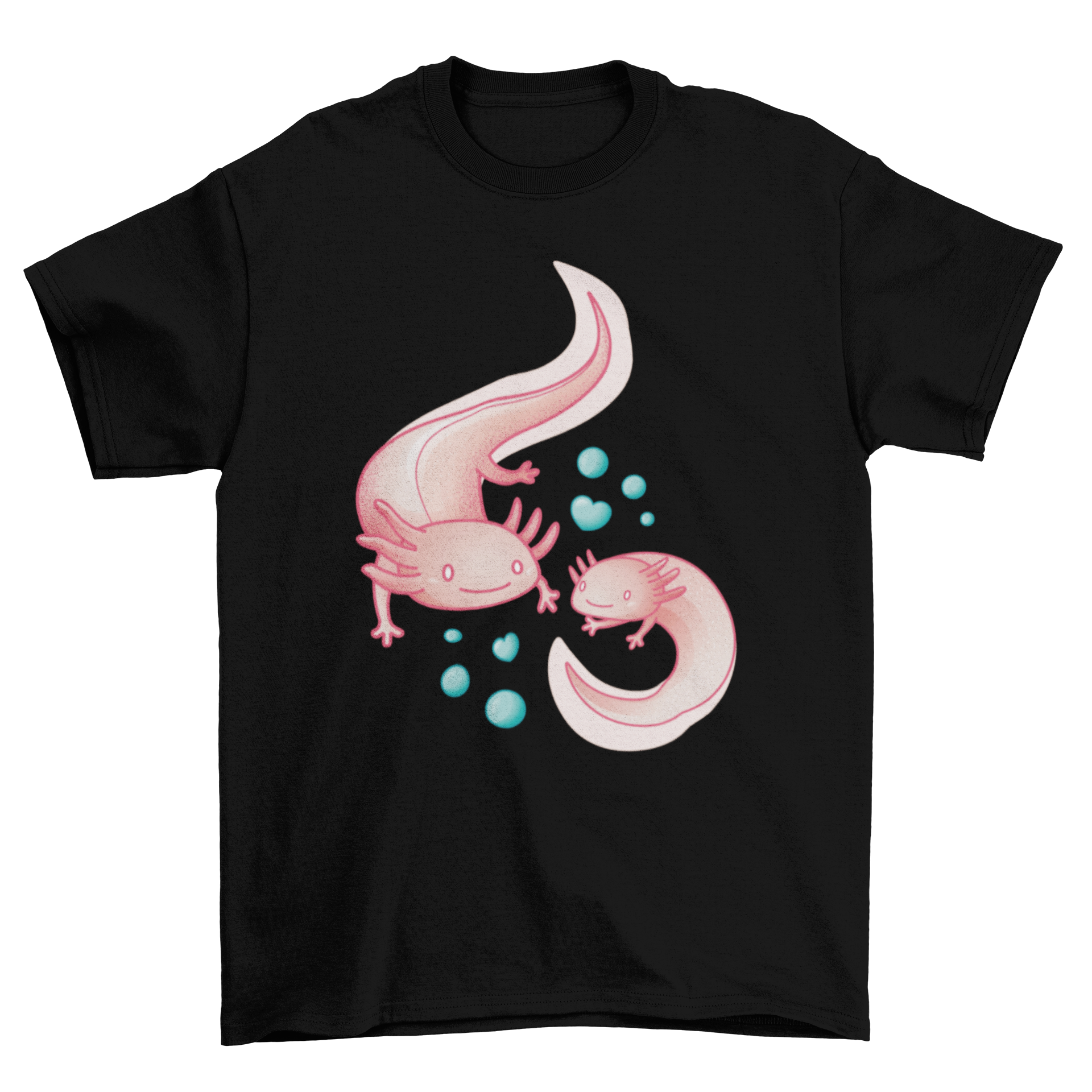 A stylish t-shirt featuring two cute axolotls surrounded by bubbles, perfect for casual wear.