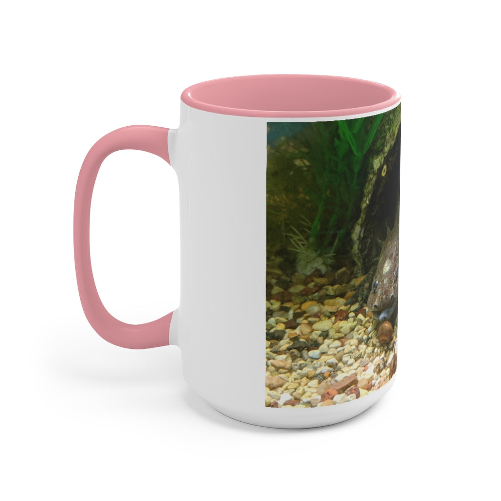 A stylish Axoltl Accent Mug featuring a white exterior with a vibrant colored interior, available in red, pink, and black options.