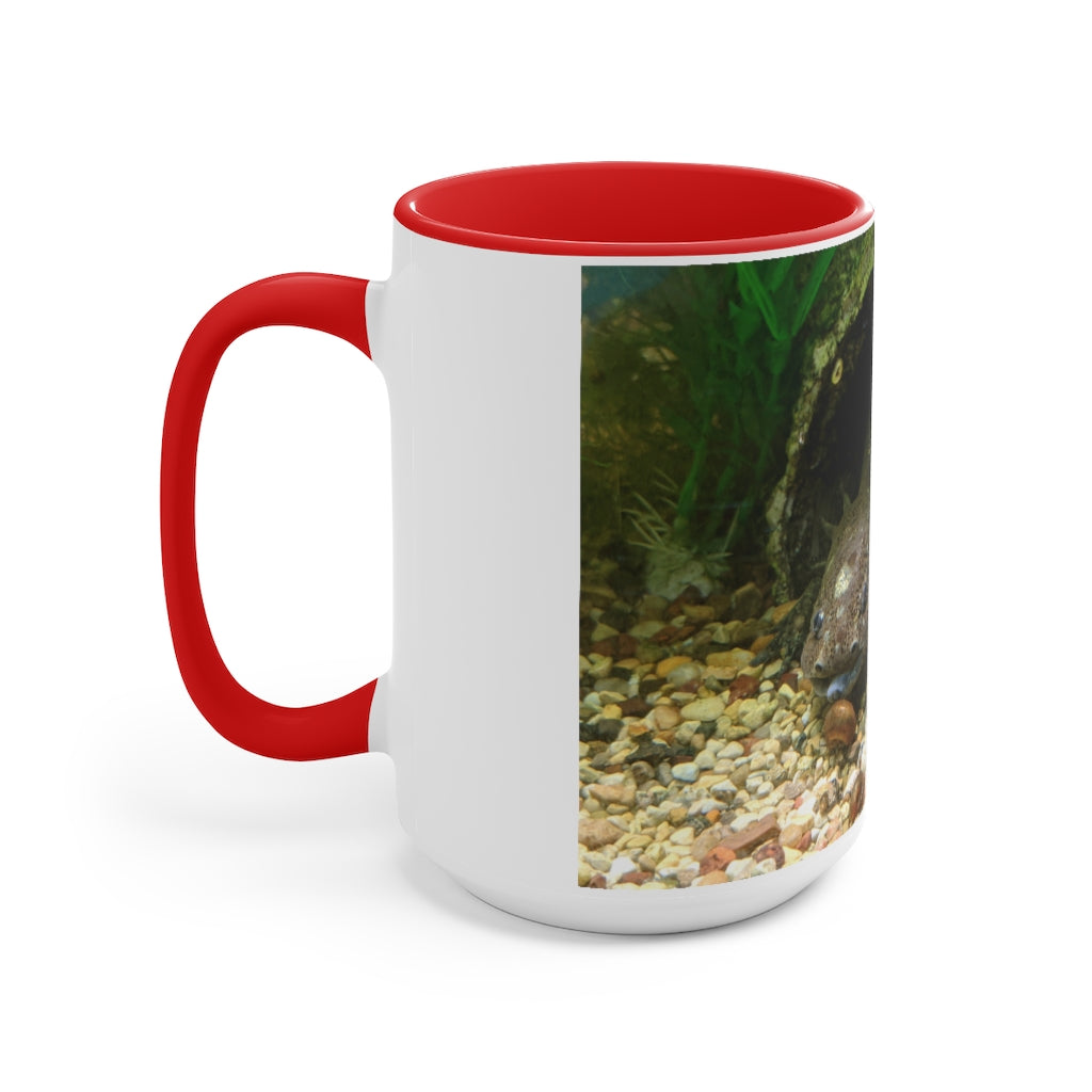 A stylish Axoltl Accent Mug featuring a white exterior with a vibrant colored interior, available in red, pink, and black options.