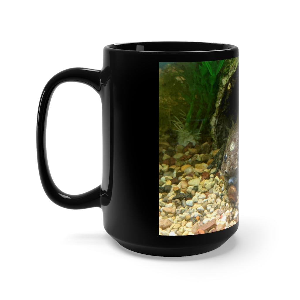 A sleek 15oz black ceramic mug with rounded corners and a C-handle, perfect for coffee and tea lovers.