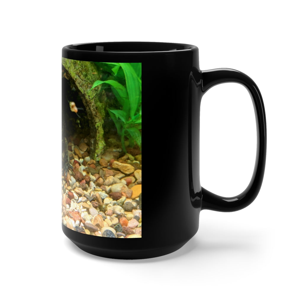 A sleek 15oz black ceramic mug with rounded corners and a C-handle, perfect for coffee and tea lovers.