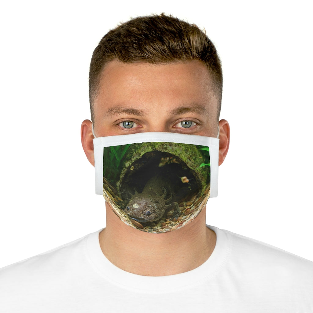 A stylish Axolotl Cotton Face Mask featuring a vibrant axolotl design, made from 100% cotton with adjustable earloops and nose wire.