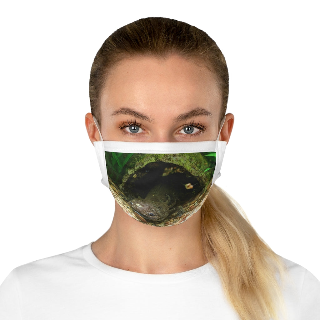 A stylish Axolotl Cotton Face Mask featuring a vibrant axolotl design, made from 100% cotton with adjustable earloops and nose wire.