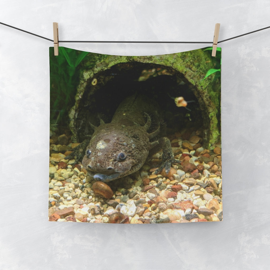 A vibrant Axolotl Face Towel featuring a colorful design on a soft polyester front and a plush cotton back, perfect for drying and customization.