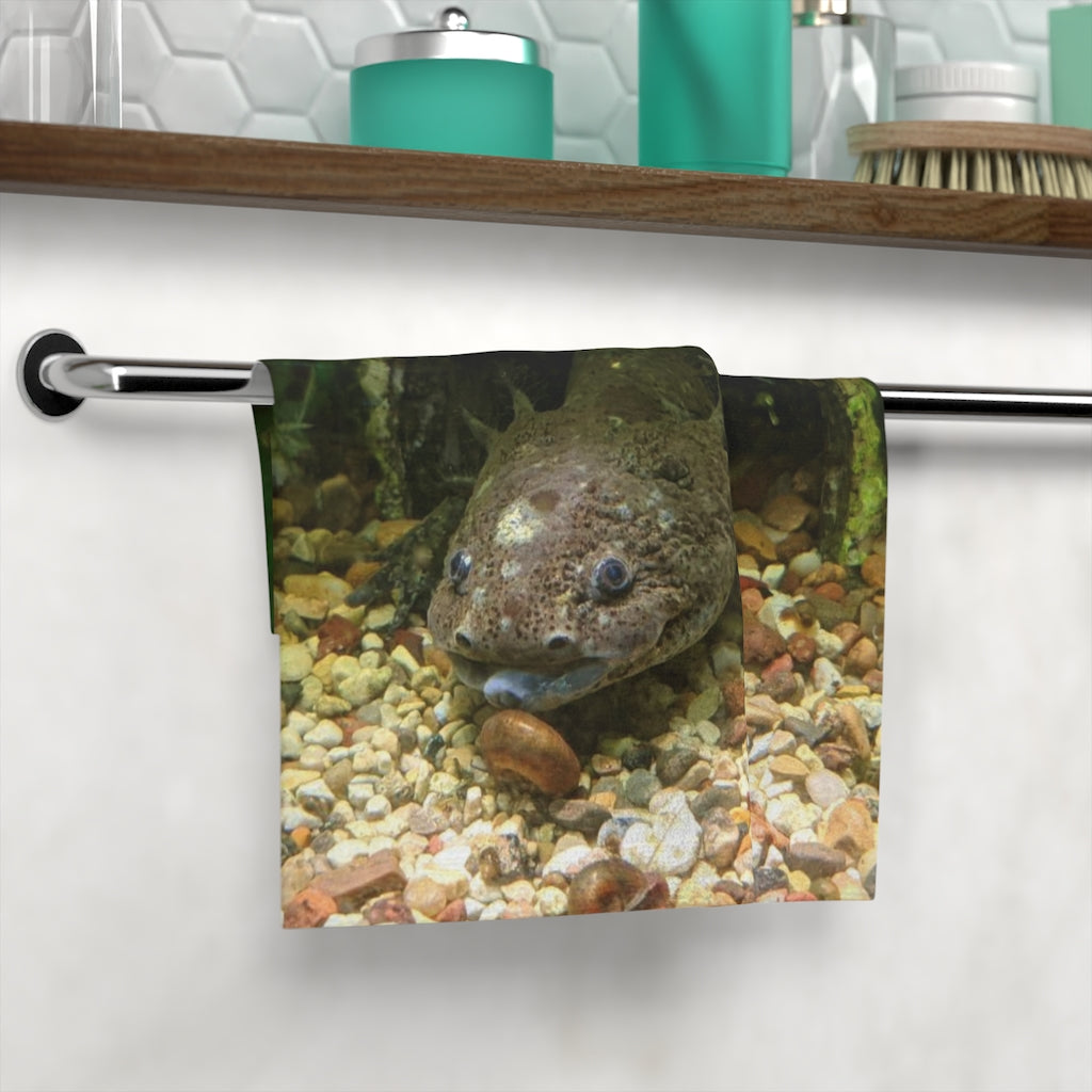 A vibrant Axolotl Face Towel featuring a colorful design on a soft polyester front and a plush cotton back, perfect for drying and customization.