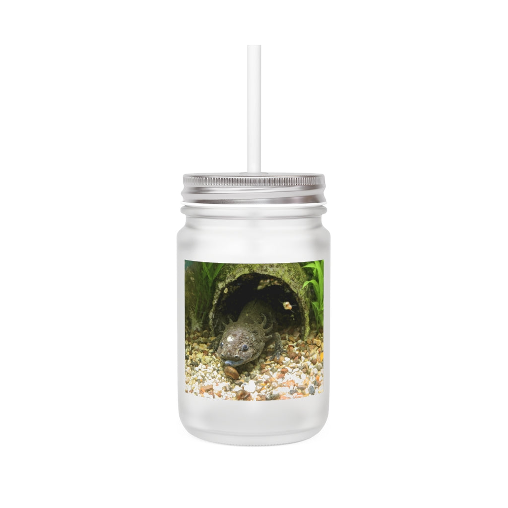 A stylish Axoltl Mason Jar made of frosted glass, featuring a straw and lid, perfect for personalized drinks.