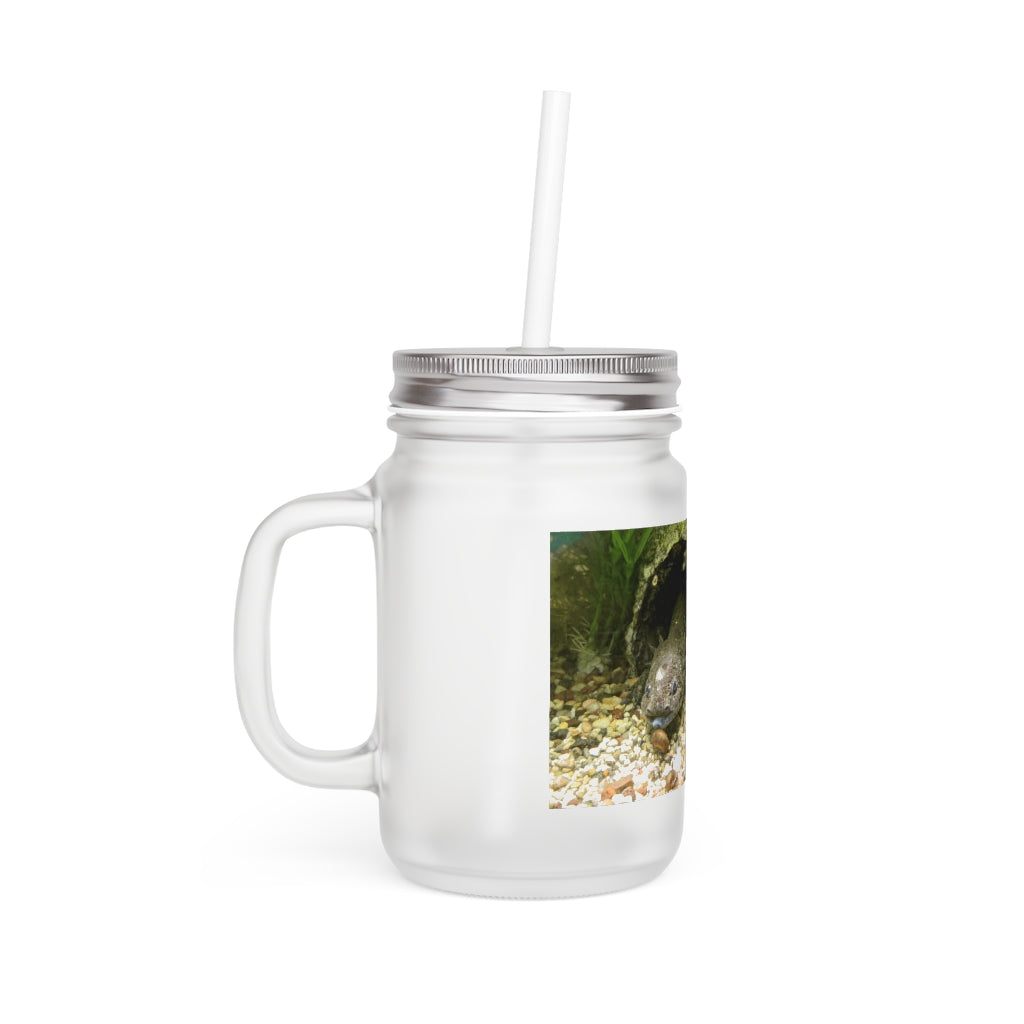 A stylish Axoltl Mason Jar made of frosted glass, featuring a straw and lid, perfect for personalized drinks.