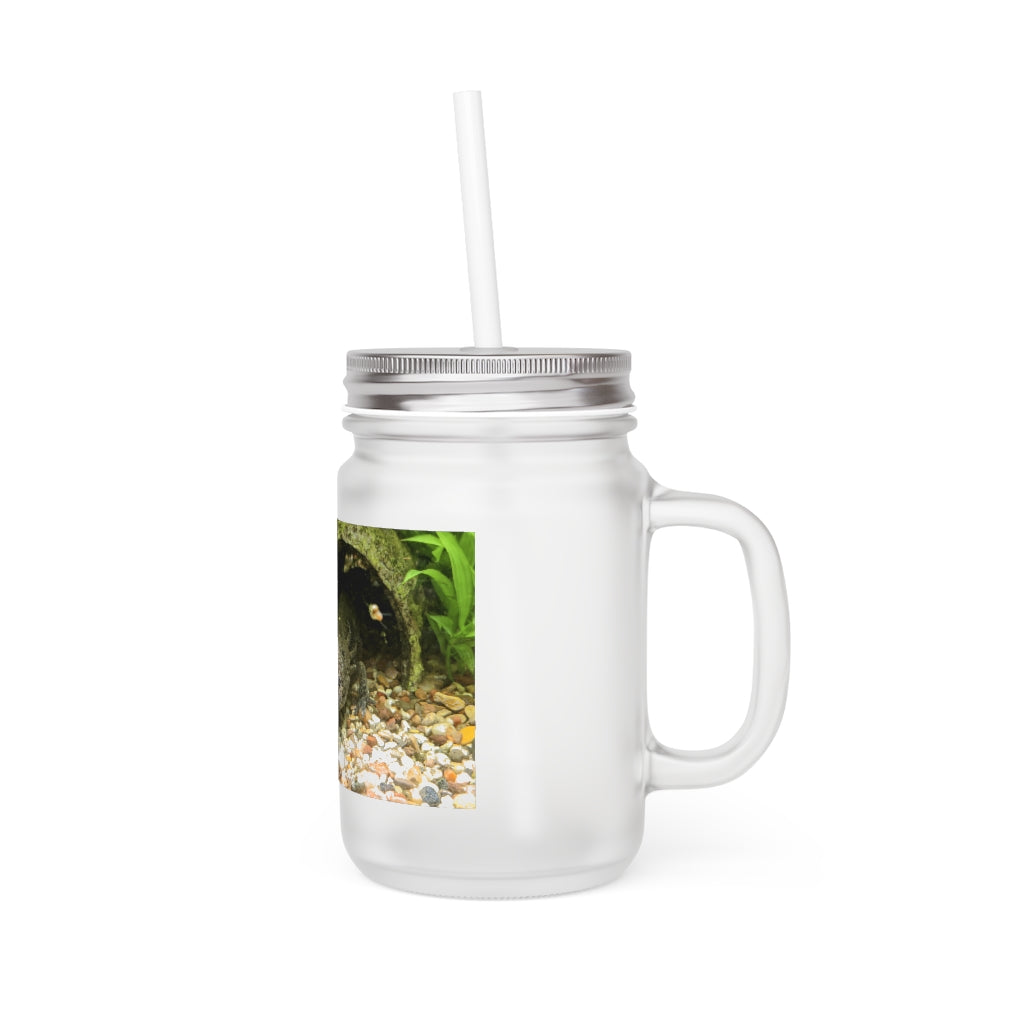 A stylish Axoltl Mason Jar made of frosted glass, featuring a straw and lid, perfect for personalized drinks.