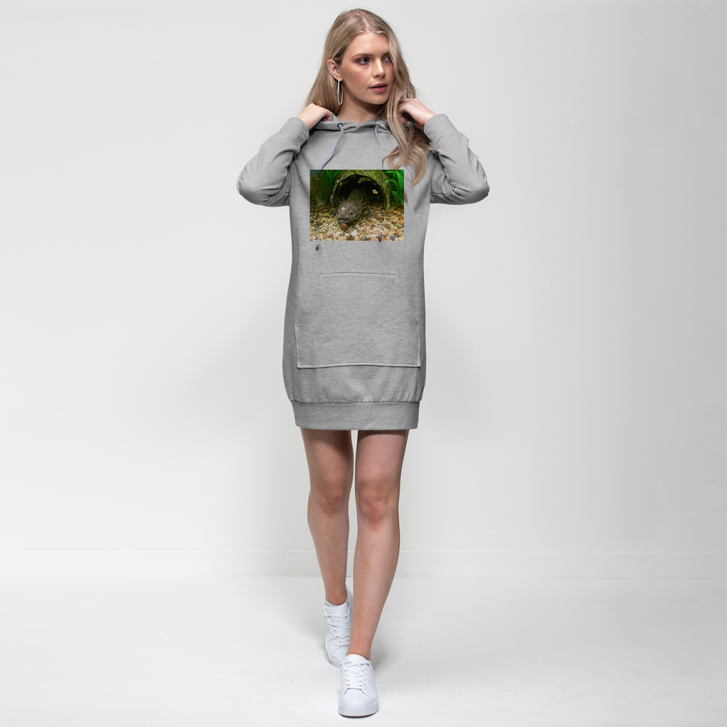 Axoltl Premium Adult Hoodie Dress featuring a relaxed fit, hood with drawstring, and kangaroo pouch pocket, made from soft cotton blend fabric.