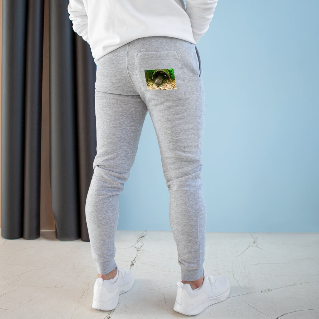 A pair of Axoltl Premium Fleece Joggers showcasing a customizable back pocket and two side pockets, made from soft fleece fabric.