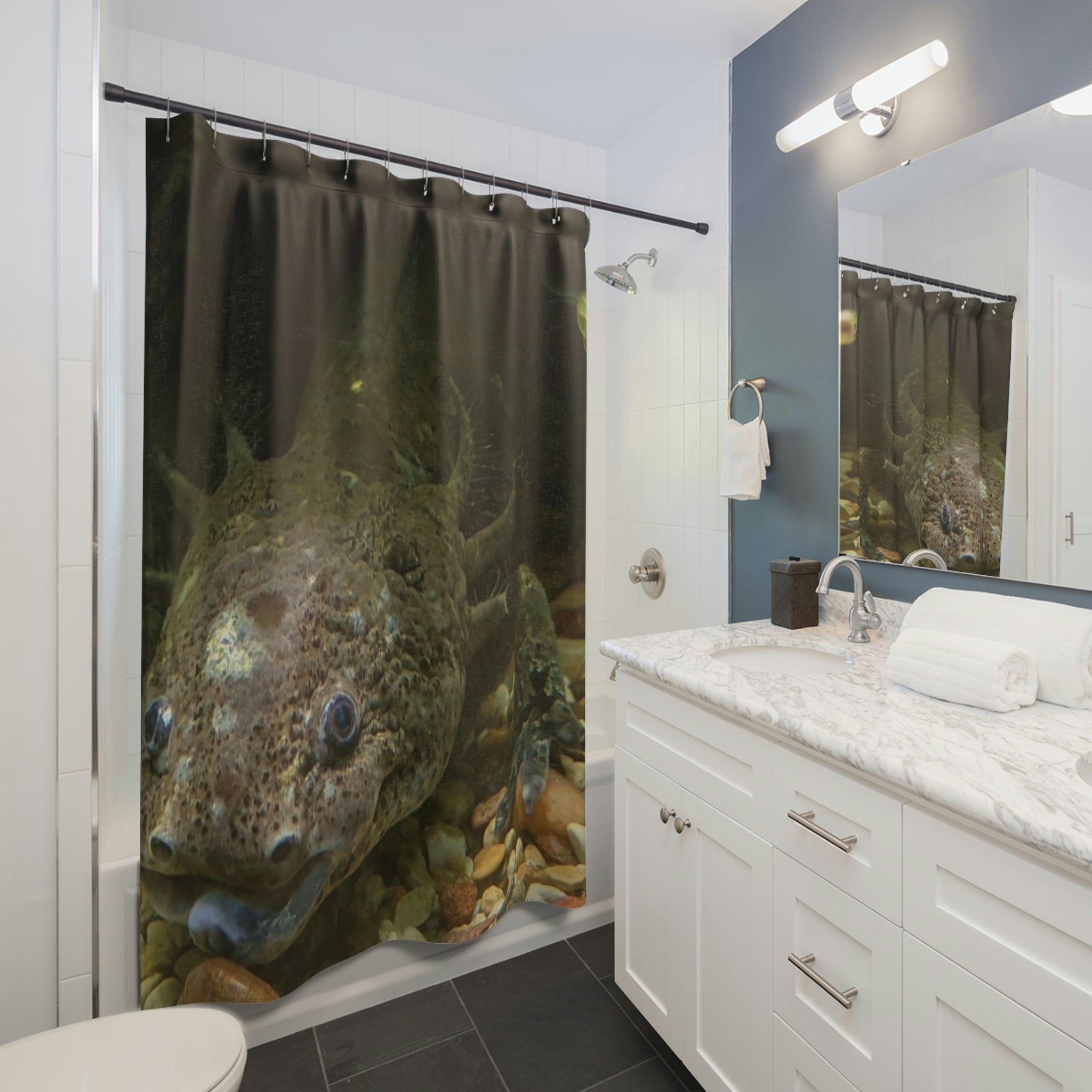 Colorful Axolotl Shower Curtain featuring vibrant aquatic designs on durable polyester fabric.