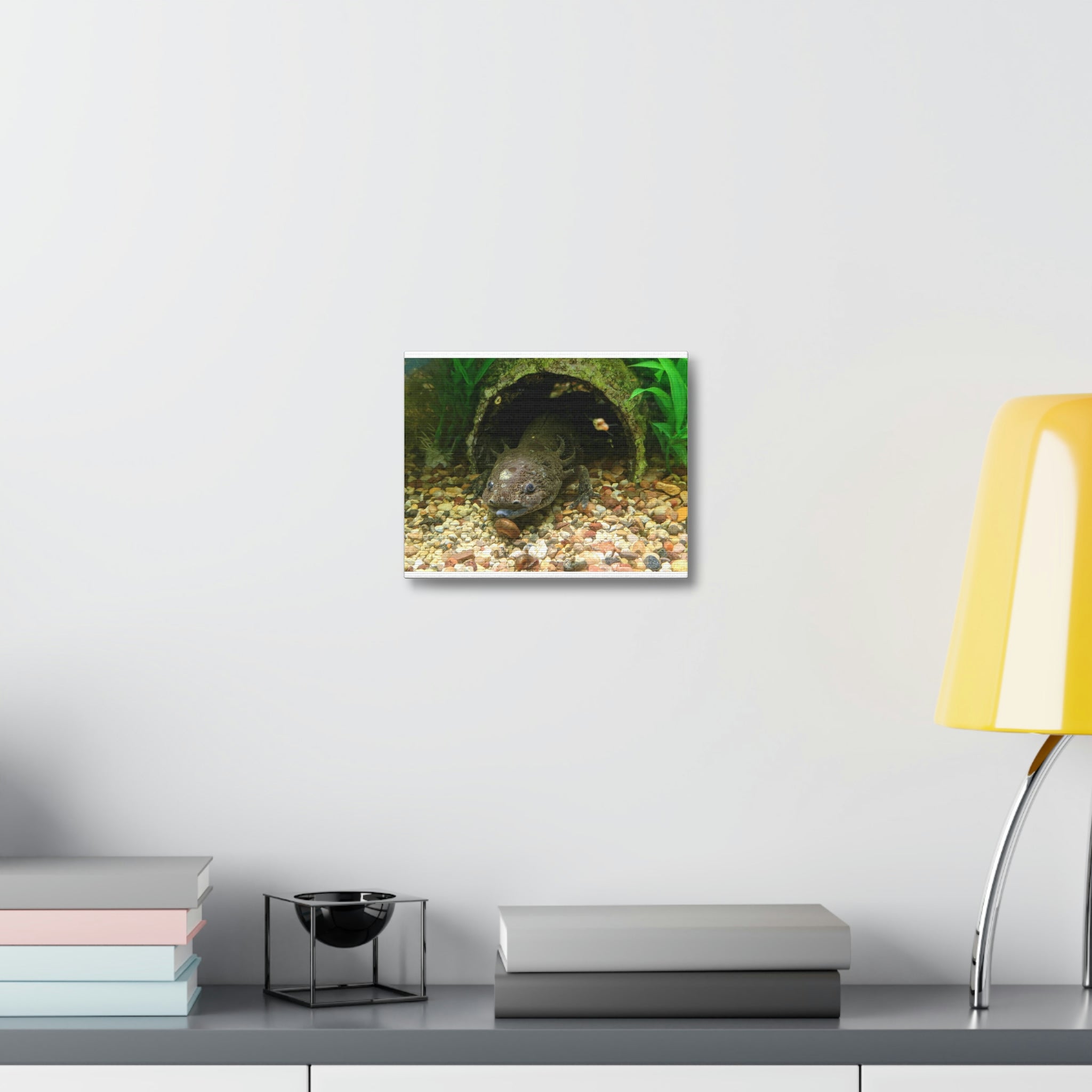 A vibrant Axolotl Stretched Canvas print showcasing a colorful axolotl design on a premium canvas, stretched over a sturdy wooden frame.