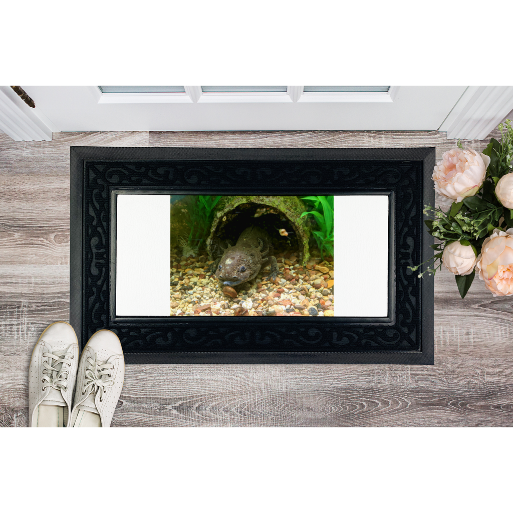 Axolotl Sublimation Heavy Duty Door Mat with a stylish fabric brush border and non-slip rubber base, featuring a customizable printable center.